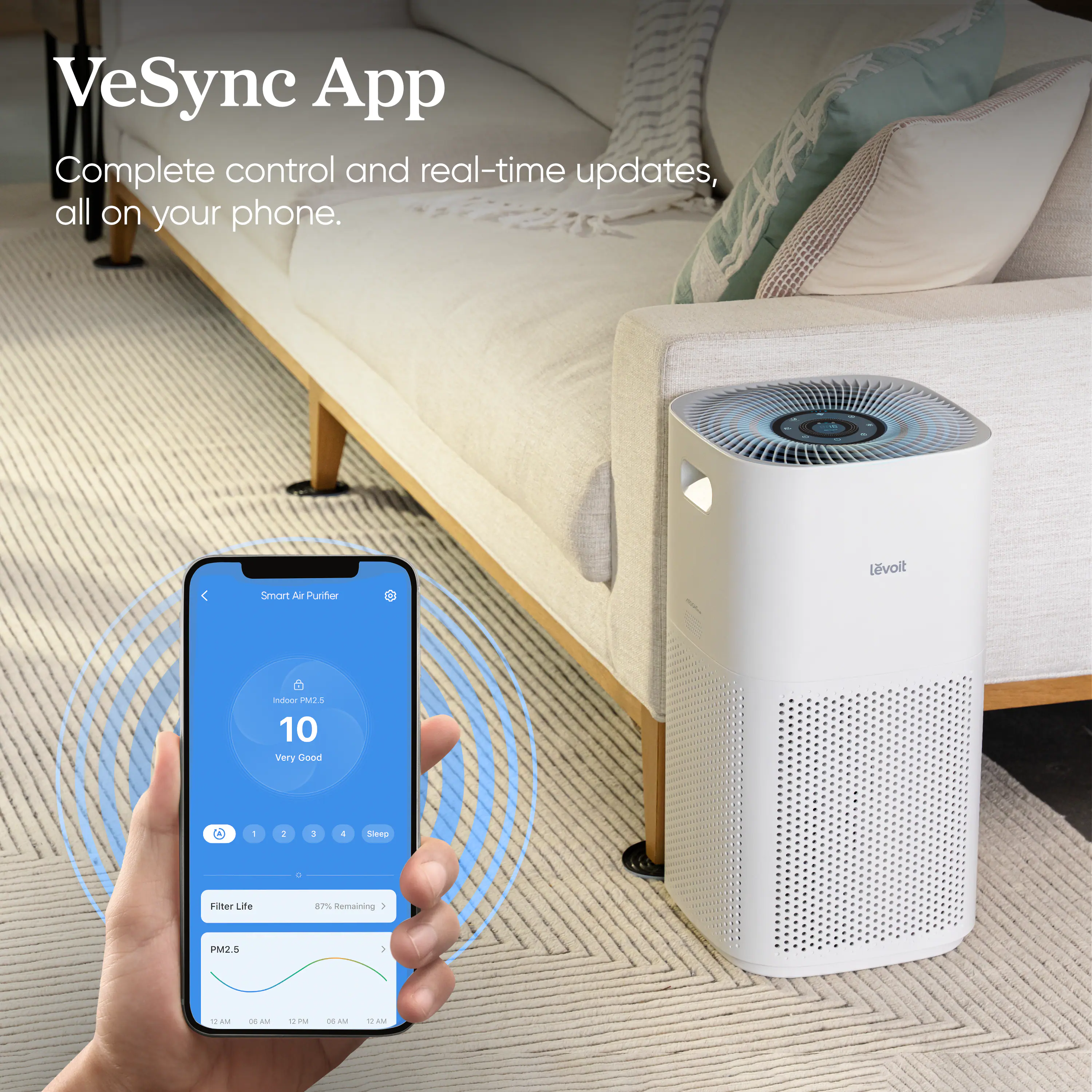 VeSync App  
Complete control and real-time updates, all on your phone.

Smart Air Purifier  
Indoor PM2.5  
10  
Very Good  

Filter Life  
87% Remaining  

PM2.5  
12 AM 00 AM 12 AM 08 AM 12 AM