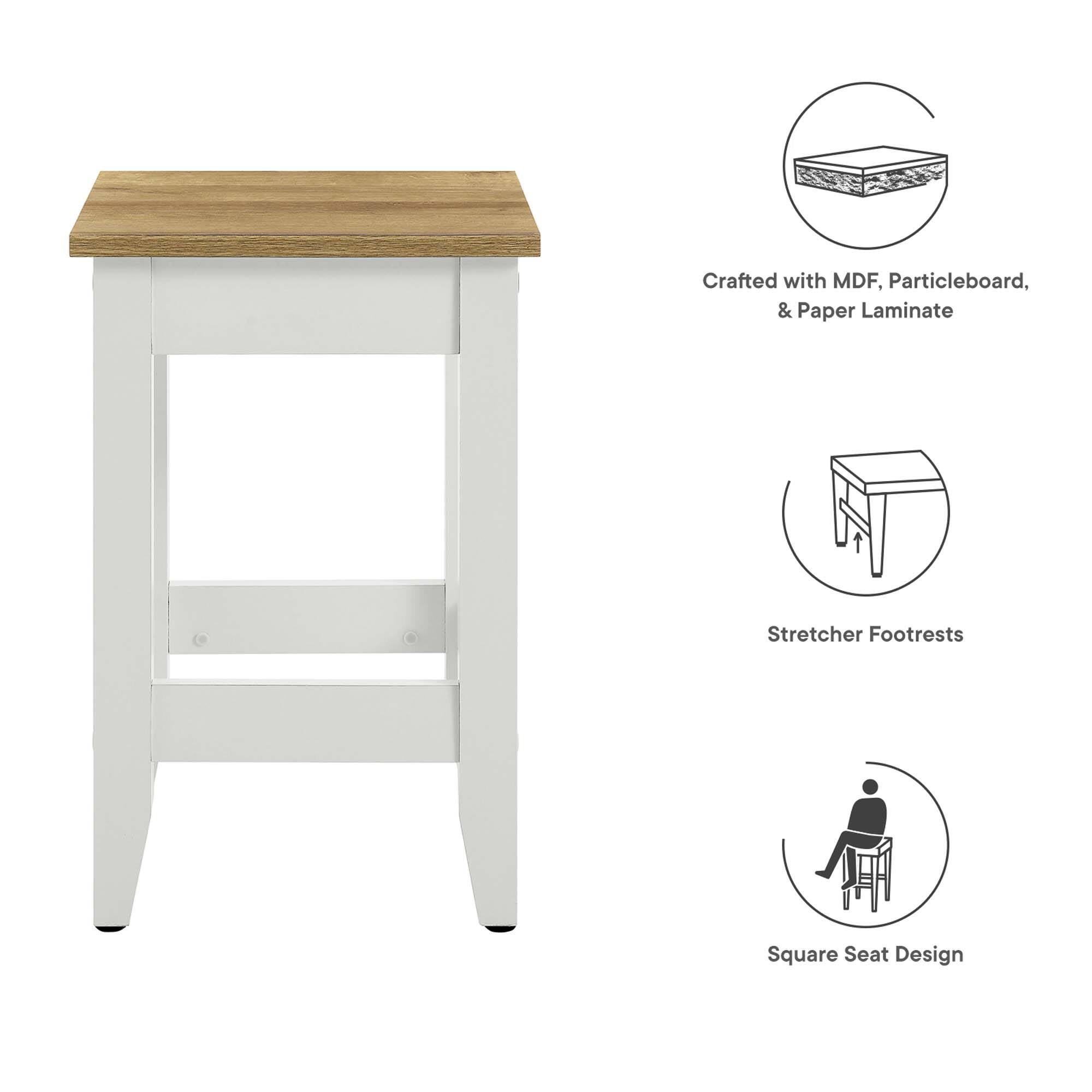 Crafted with MDF, Particleboard, & Paper Laminate  
Stretcher Footrests  
Square Seat Design