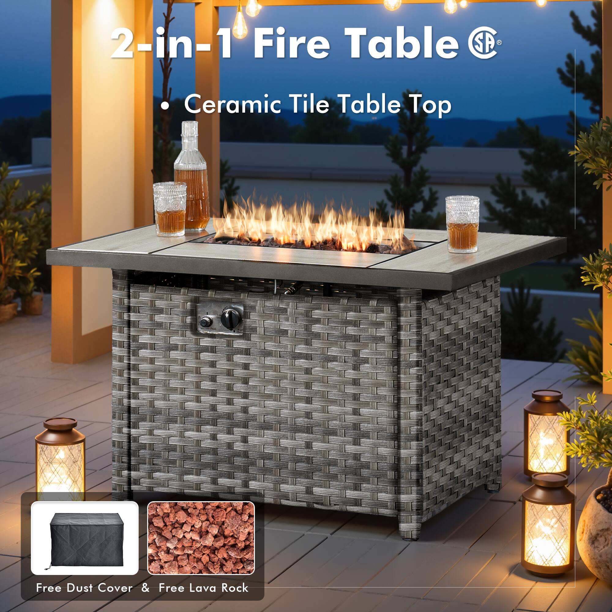 2-in-1 Fire Table  
Ceramic Tile Table Top  
Free Dust Cover & Free Lava Rock