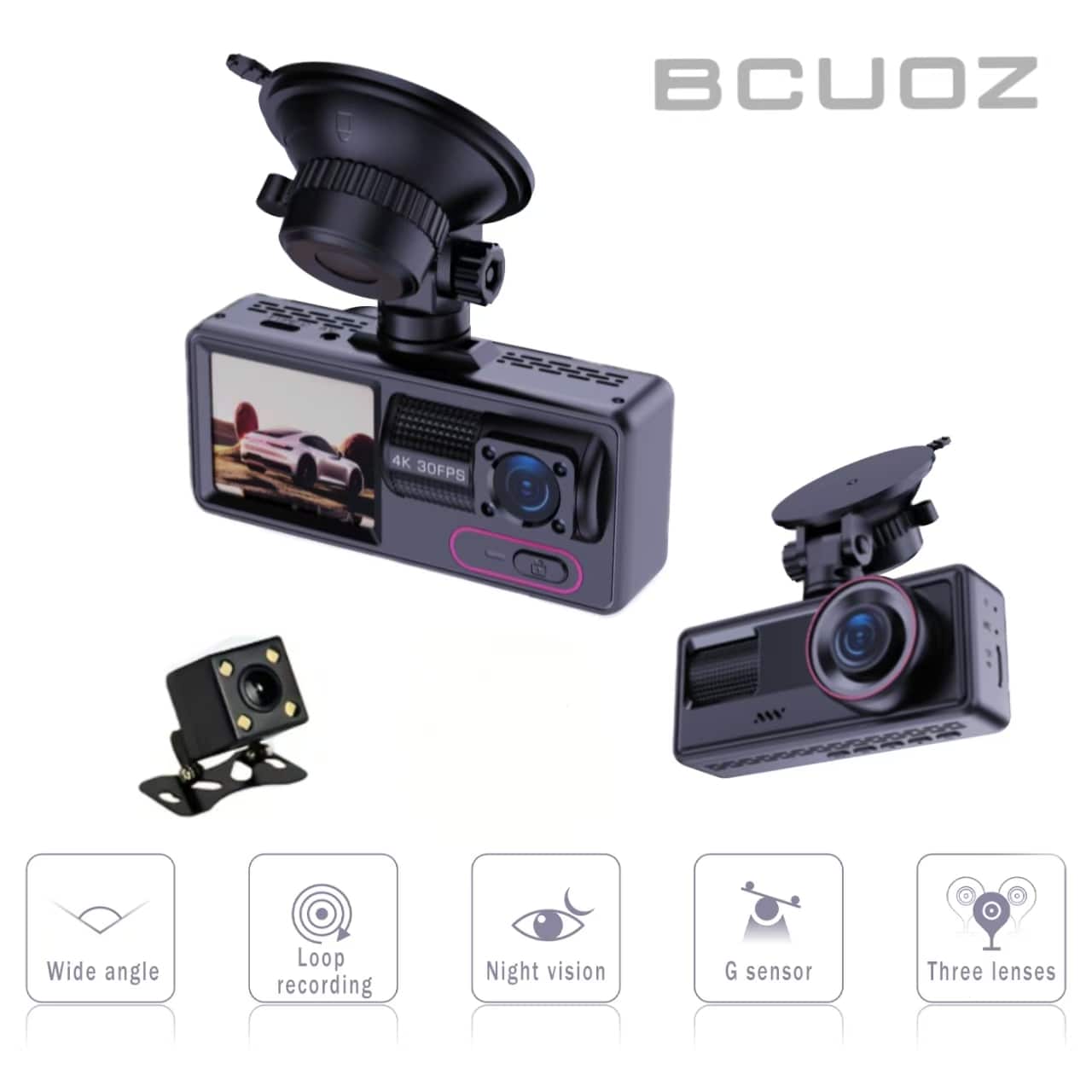 BCUOZ - 1080P Dash Cam with Loop Recording, 3 Lenses, Parking Monitor, Night Vision - Black