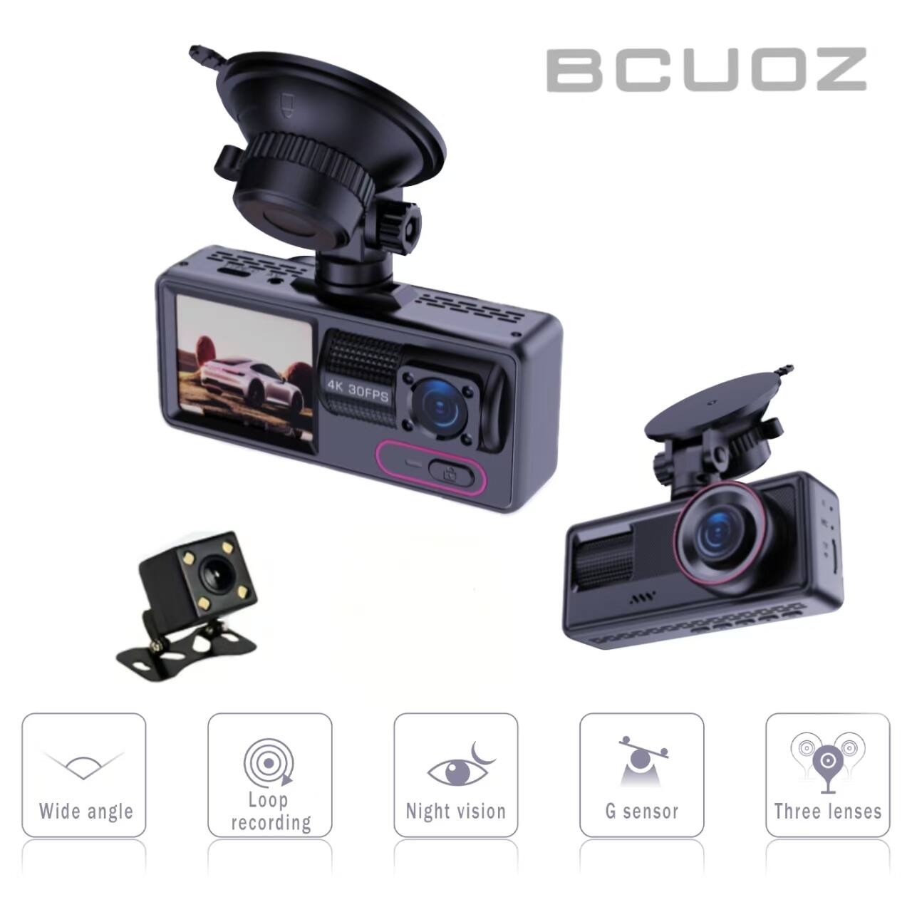 BCUOZ FPETT 4K 30FPS Wide angle Loop recording Night vision G sensor Three lenses
