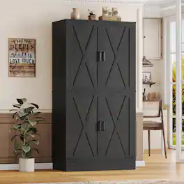 Aheaplus - 70'' Tall Kitchen Pantry Cabinet with Drawer and Adjustable Shelves, 4 Barn Door Pantry for Dining, Kitchen - Black
