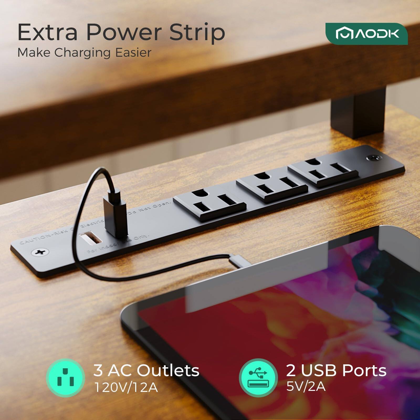 Extra Power Strip  
Make Charging Easier  

AODK  

CAUTION-RIEK O Electric DO Only. Net Open.  

3 AC Outlets 120V/12A  
2 USB Ports 5V/2A
