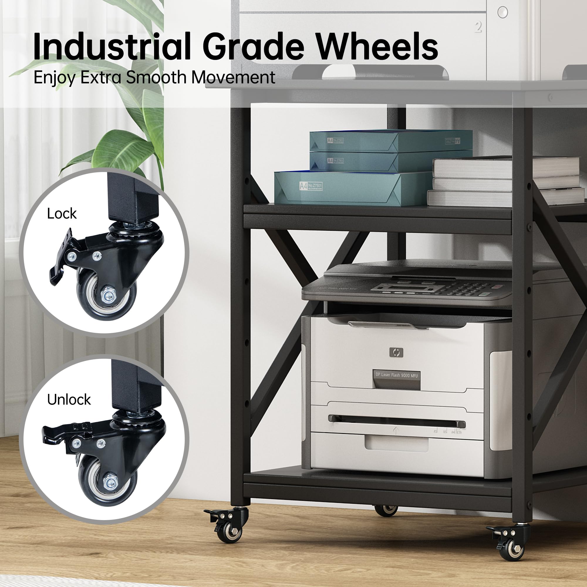 Industrial Grade Wheels  
Enjoy Extra Smooth Movement  

Lock  
Unlock