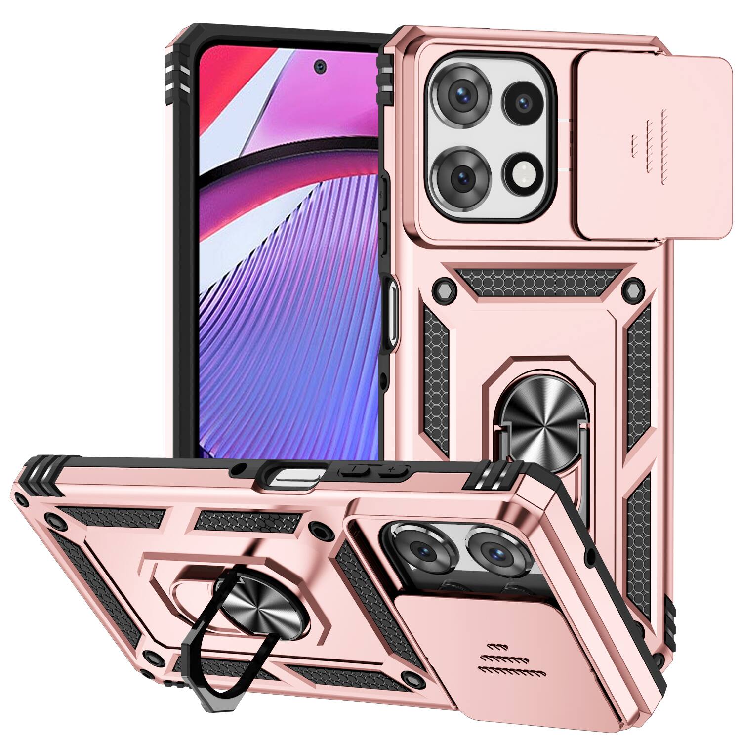 Left. UUCOVER - Shockproof Case for Motorola G Power 5G (2025) Slide Camera Cover Ring Stand TPU+PC Rugged Protective Back Case - Rosegold.
