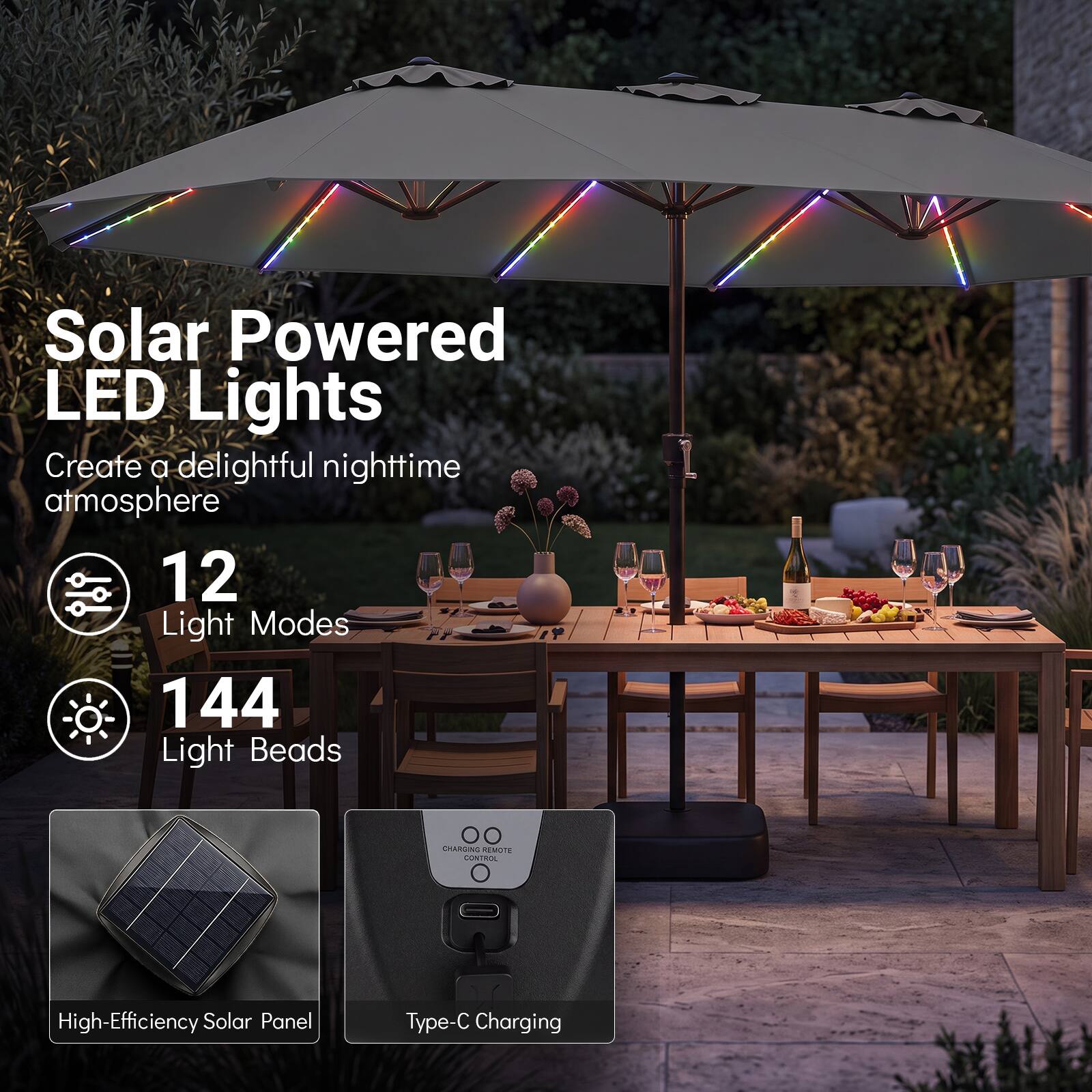 Solar Powered LED Lights  
Create a delightful nighttime atmosphere  
12 Light Modes  
144 Light Beads  
High-Efficiency Solar Panel  
Type-C Charging