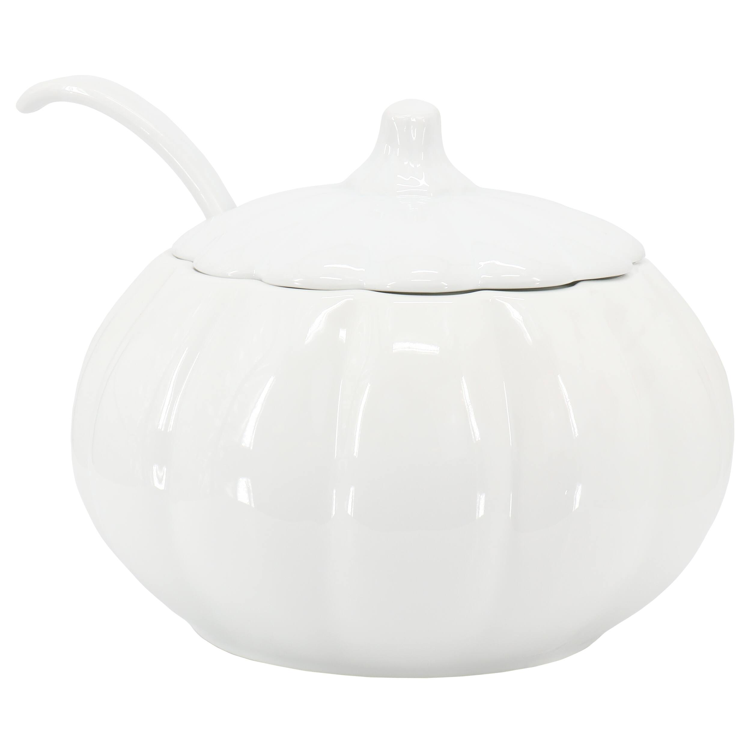 Front. Martha Stewart - Martha Stewart 5 Quart Fine Ceramic Pumpkin Soup Tureen With Lid and Ladle in White - White.