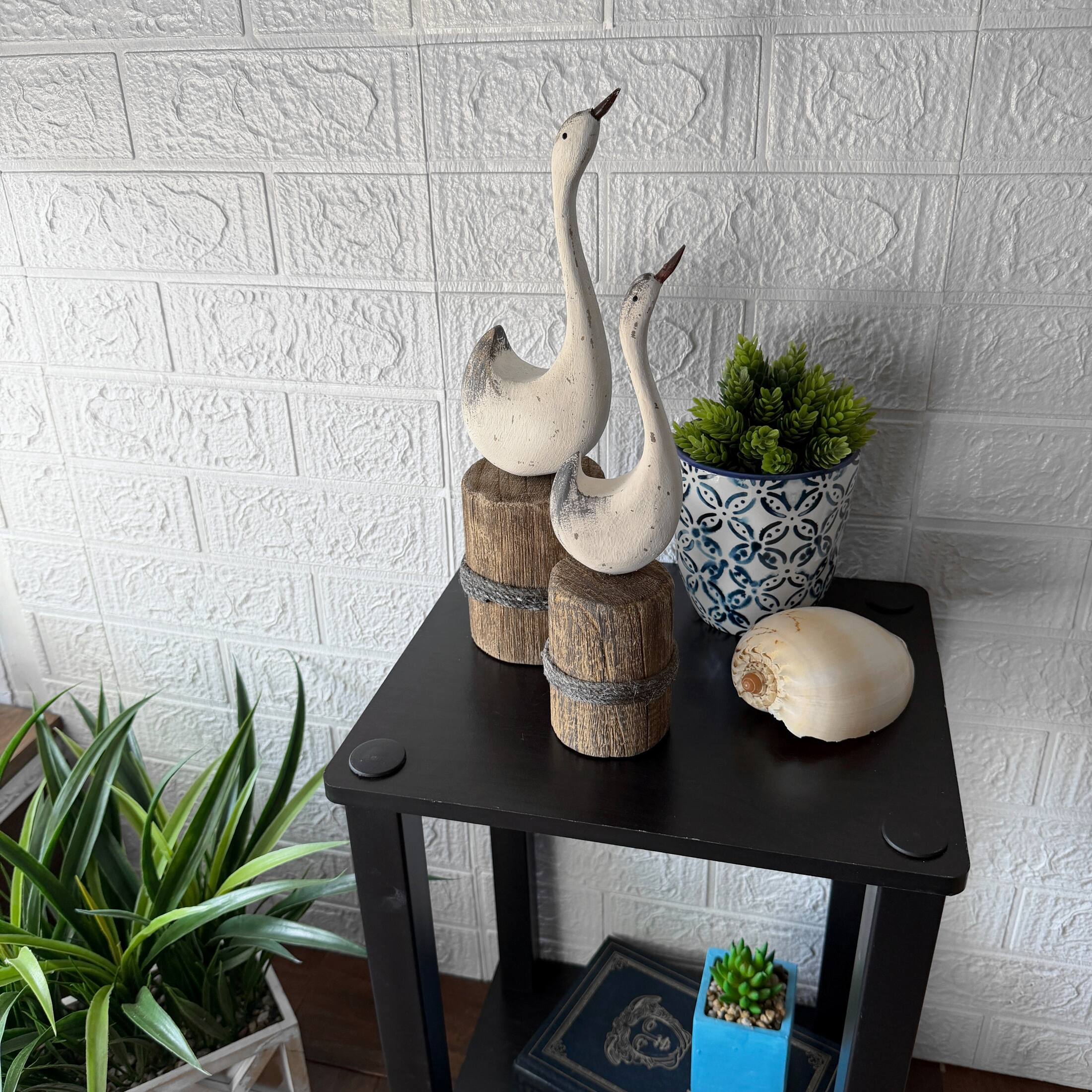 Alt View 4. Things2Die4 - Distressed White Wood Swan Statues Set of 2 Nautical Dock Piling Shelf Decor - White.