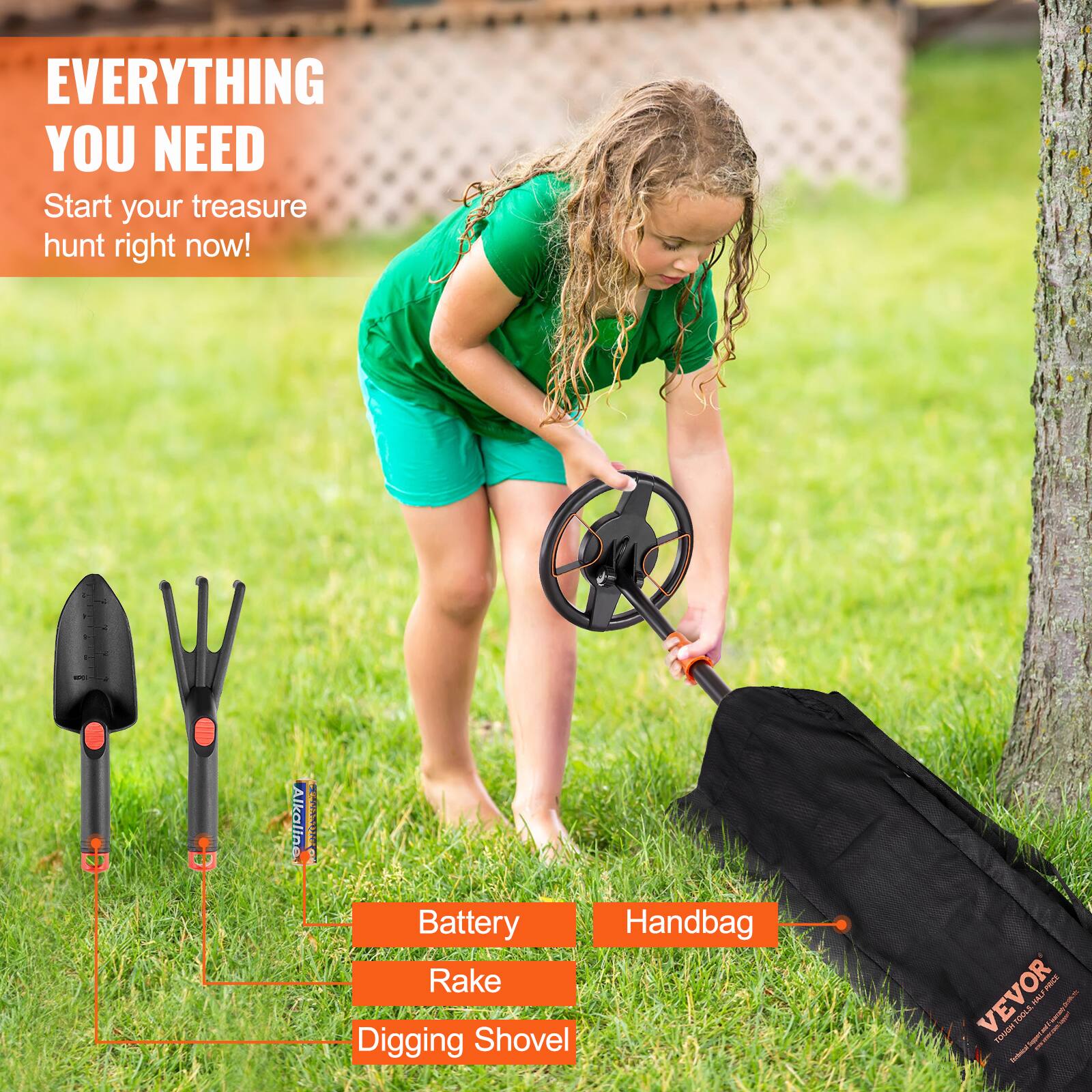 EVERYTHING YOU NEED  
Start your treasure hunt right now!  

Battery Rake  
Digging Shovel  
Handbag  

VEVOR