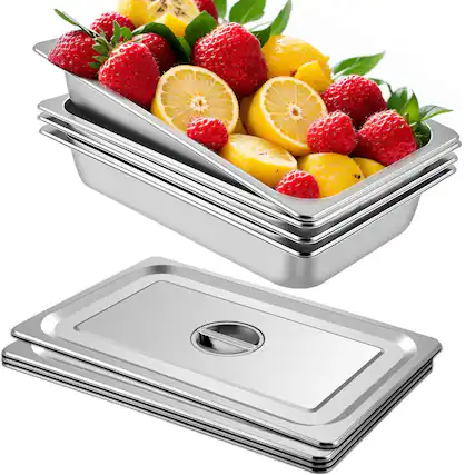 Front. VEVOR - 4 Pack Steam Table Pans 20.9 x 12.8 x 3.9 Inch Deep Steam Table Pan Full Size 13L Deep Food Container - Sliver.