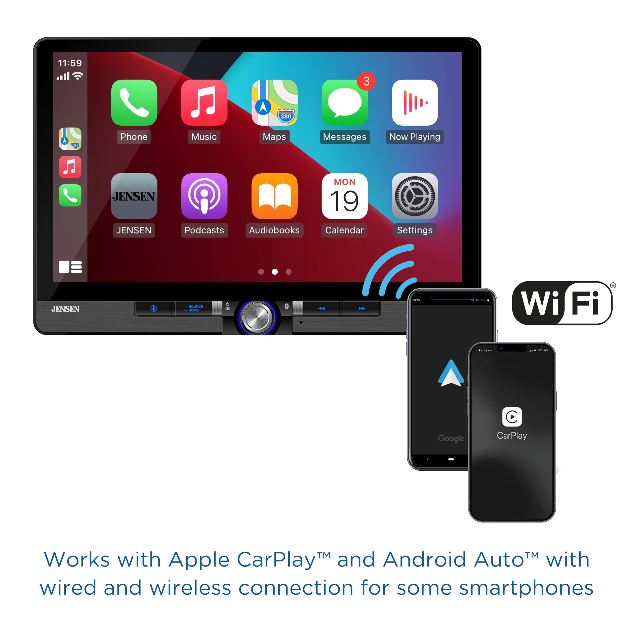 11:59, 3, A, 280, Phone, Music, Maps, Messages, Now Playing, JENSEN, JENSEN, MON 19, Podcasts, Audiobooks, Calendar, Settings, Wi-Fi, Google, CarPlay, Android, Works with Apple CarPlay, Auto, wired and wireless connection for some smartphones