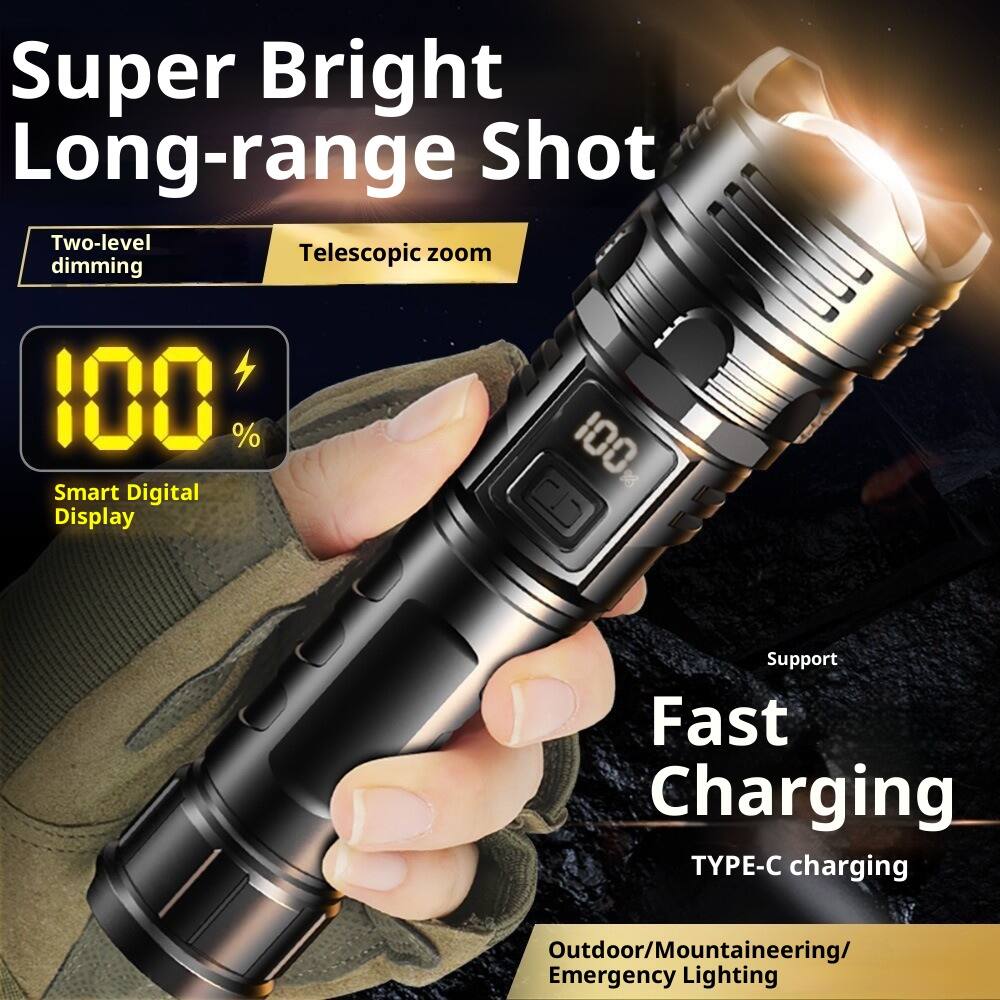 Super Bright Long-range Shot  
Two-level dimming  
Telescopic zoom  
100% Smart Digital Display  
Fast Charging  
TYPE-C charging  
Outdoor/Mountaineering/Emergency Lighting