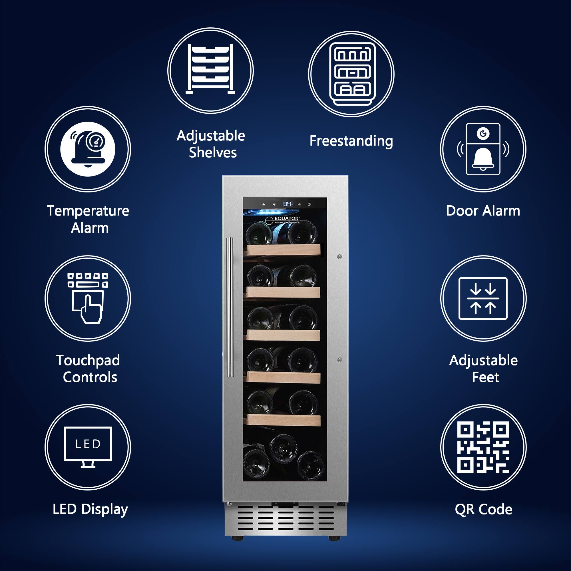 - Adjustable Shelves
- Freestanding
- Temperature Alarm
- Door Alarm
- Touchpad Controls
- Adjustable Feet
- LED Display
- QR Code