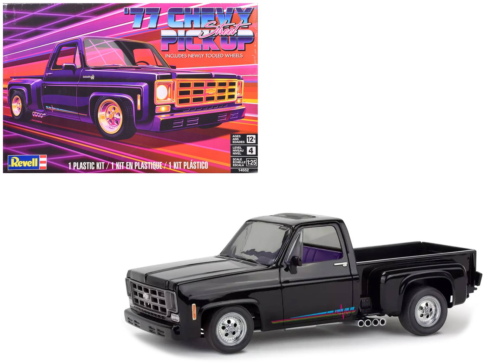 77 CHEVY Sheat PICKUP INCLUDES NEWLY TOOLED WHEELS  
Revell  
1 PLASTIC KIT / 1 KIT EN PLASTIQUE / 1 KIT PLÁSTICO  
AGES 12+  
NIVEAU 4  
ESCALLE 1:25  
14552