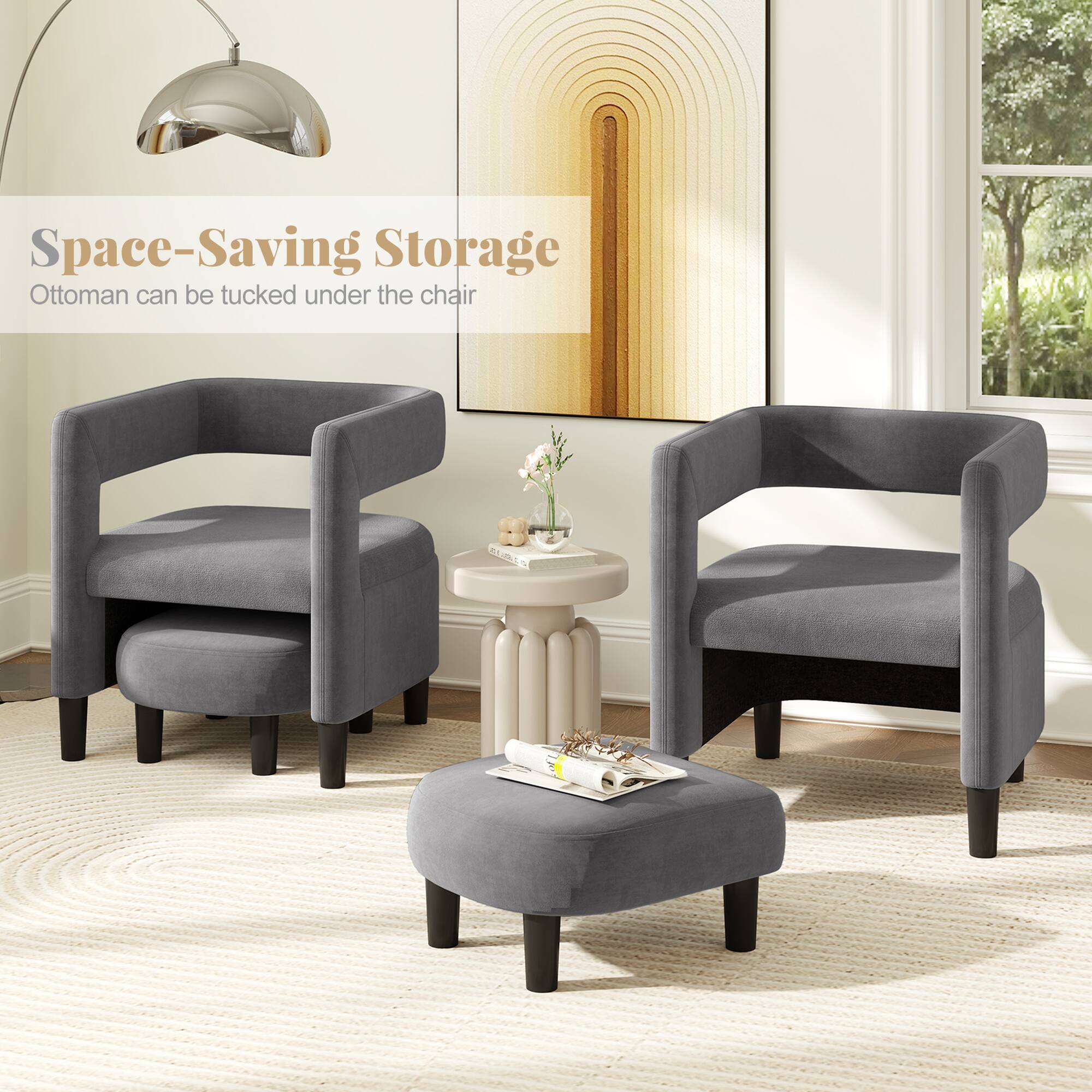 Space-Saving Storage  
Ottoman can be tucked under the chair