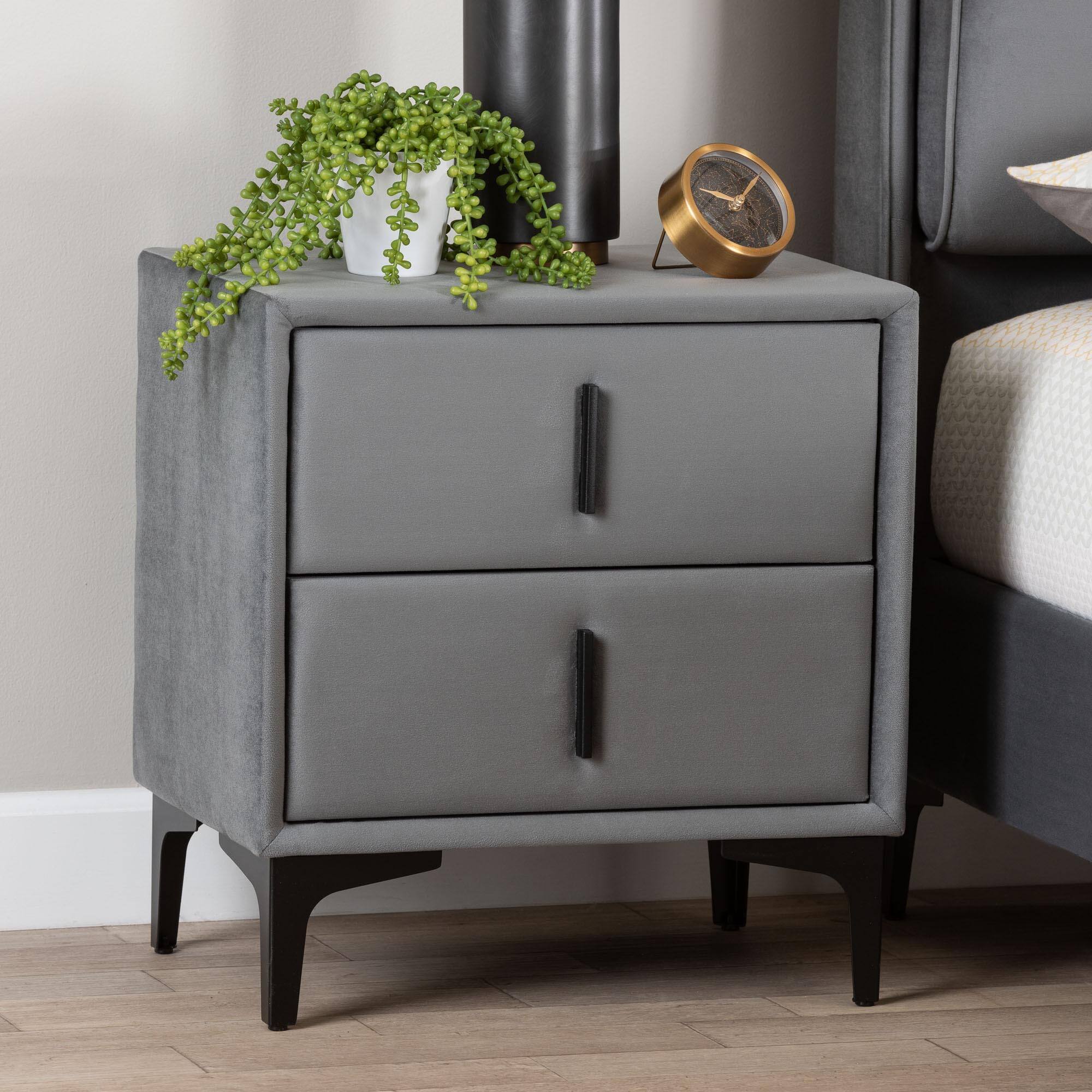 Alt View 5. Baxton Studio - Etienne Modern Slate Velvet 2-Drawer Nightstand - Slate Grey/Black.
