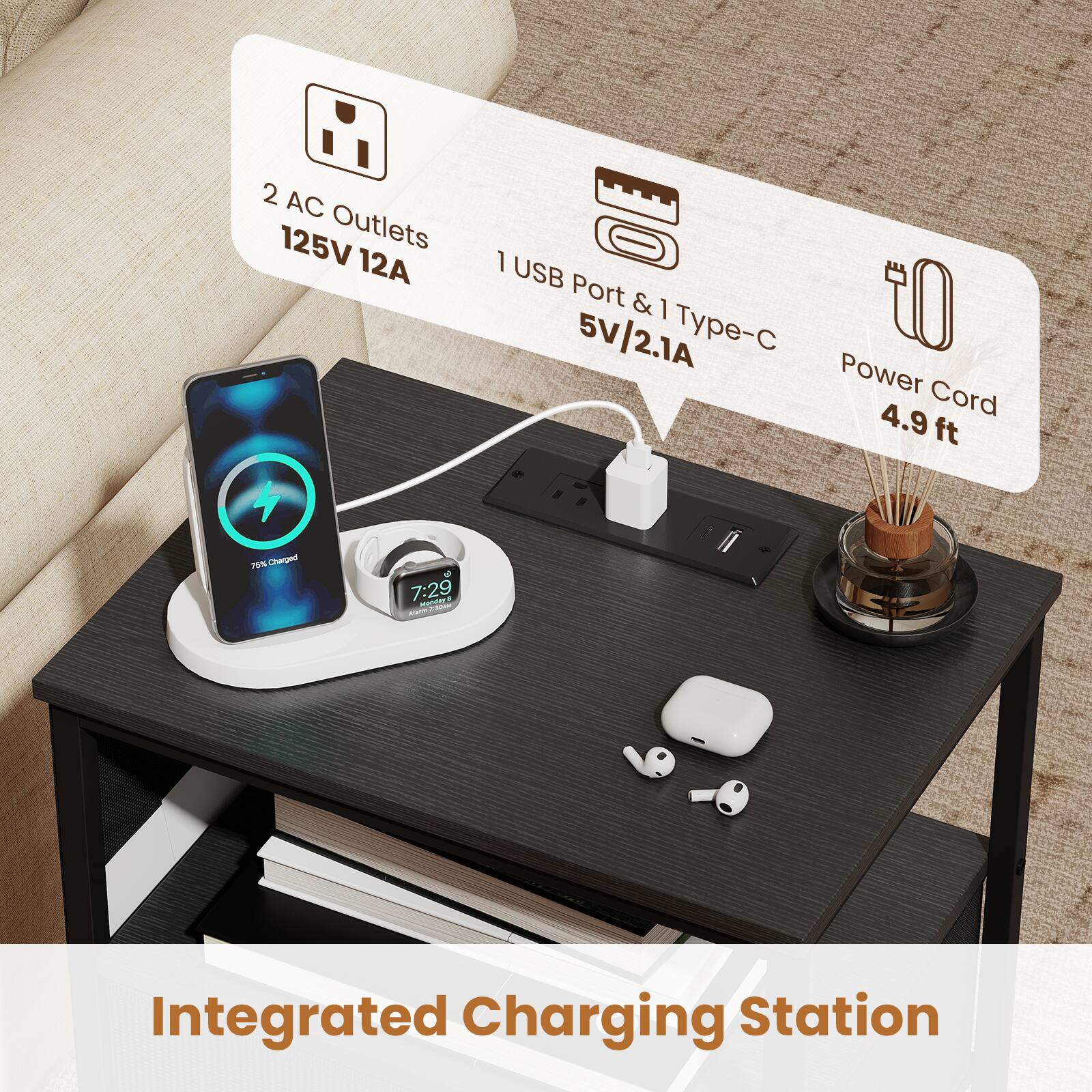 2 AC Outlets 125V 12A  
1 USB Port & 1 Type-C 5V/2.1A  
Power Cord 4.9 ft  
75% Charged  
7:29  
Integrated Charging Station