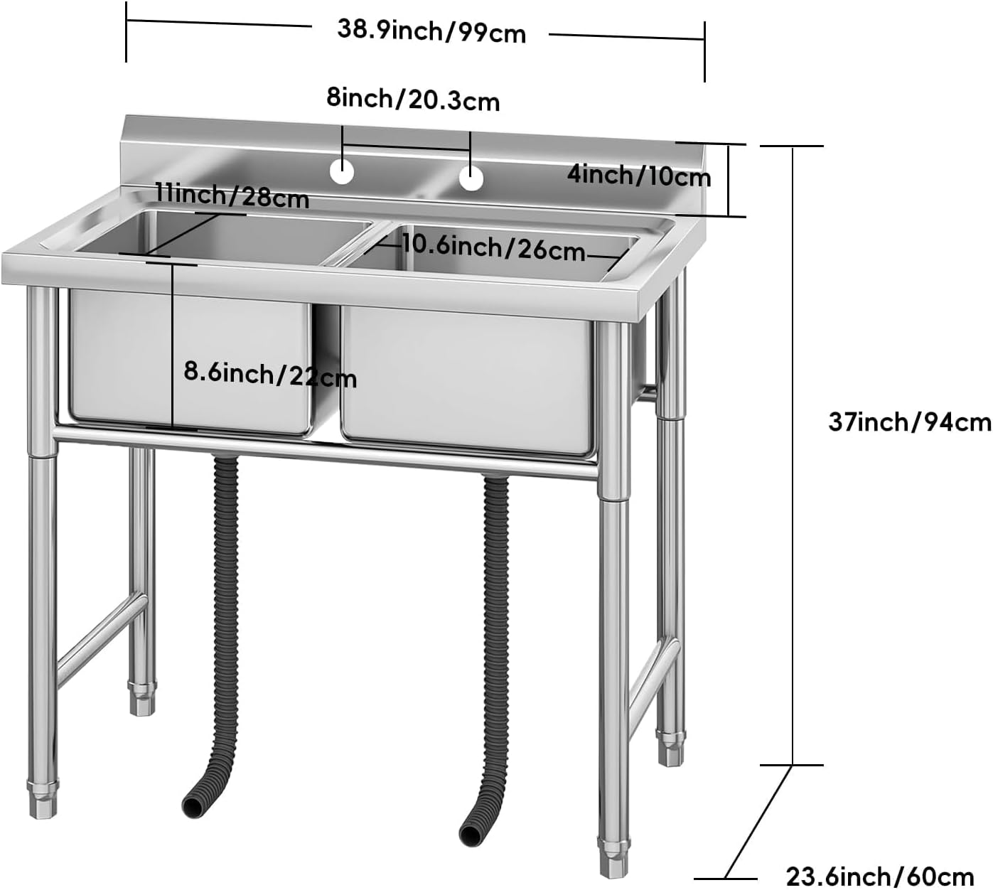 38.9 inch/99 cm  
8 inch/20.3 cm  
4 inch/10 cm  
11 inch/28 cm  
10.6 inch/26 cm  
8.6 inch/22 cm  
37 inch/94 cm  
23.6 inch/60 cm