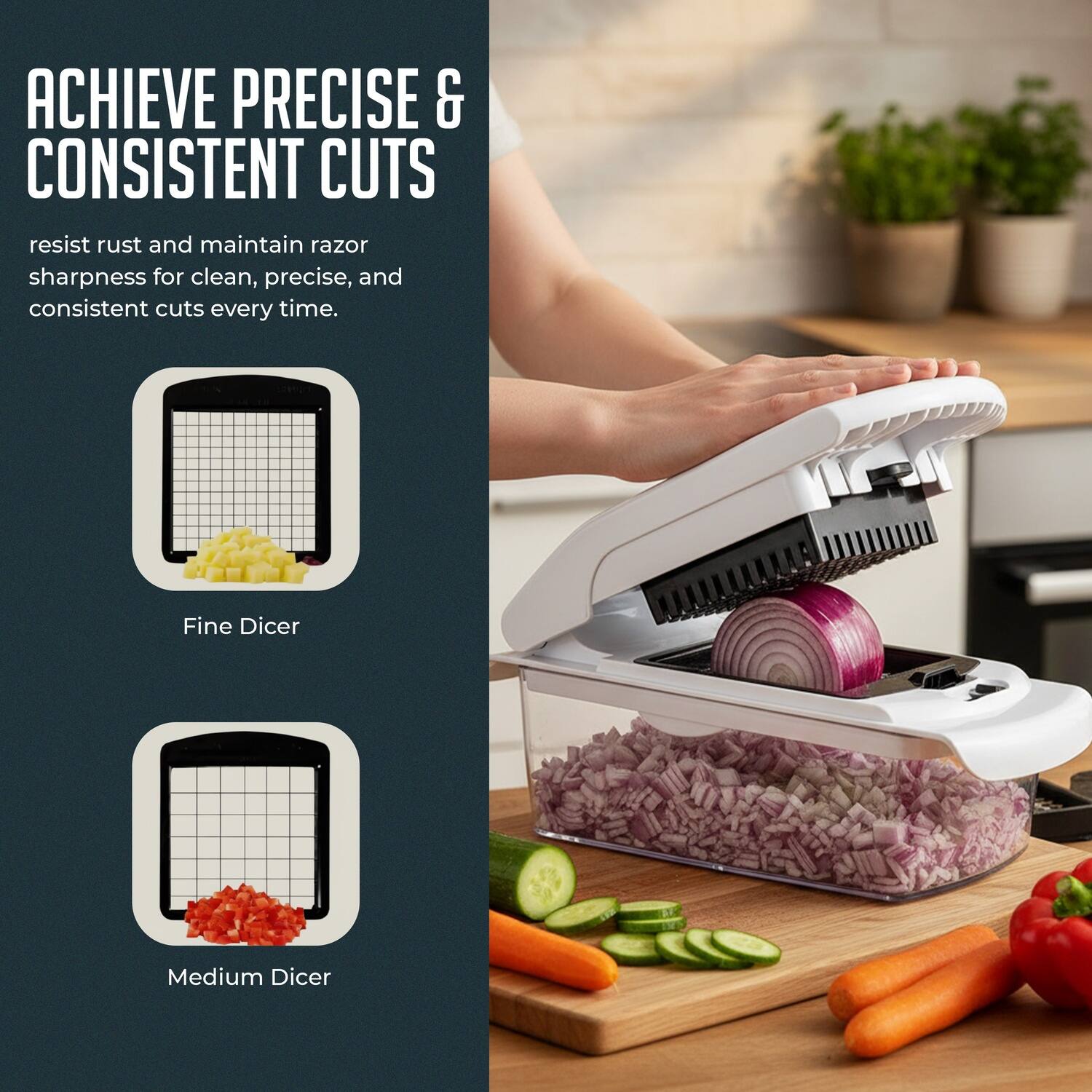 ACHIEVE PRECISE & CONSISTENT CUTS

resist rust and maintain razor sharpness for clean, precise, and consistent cuts every time.

Fine Dicer

Medium Dicer