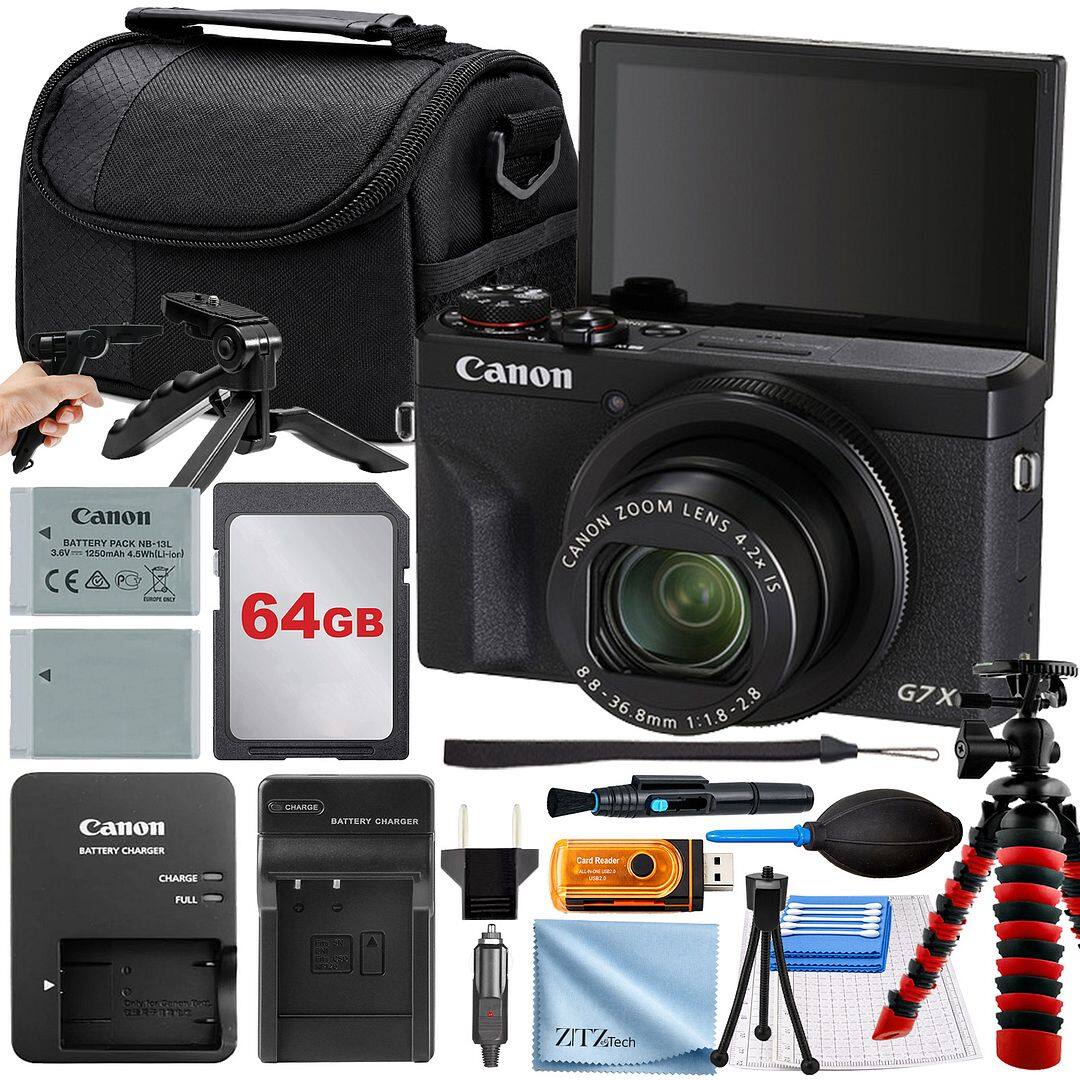 Canon BATTERY PACK NB-13L 3.6V 1250mAh 4.5Wh (Li-lor)  
64GB  
ZOOM LENS CANON 4.2x IS 36-8mm 1:1.8-2.8  
G7X  
Canon BATTERY CHARGER  
CHARGE BATTERY CHARGER  
Card Reader  
CHARGE  
SC  
FULL