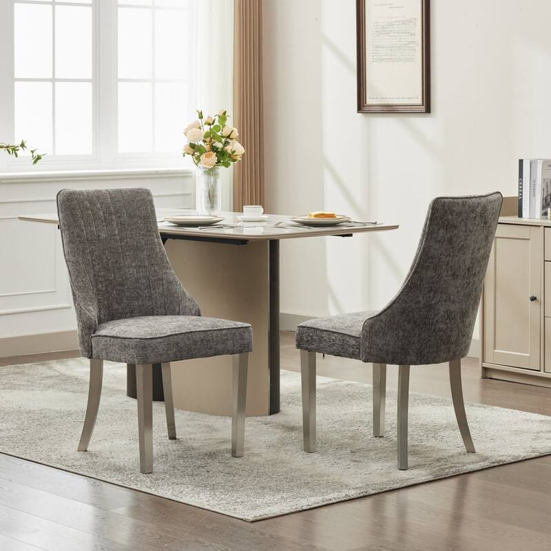 Alt View 4. HTUTWOO - Chenille Dining Chairs with Back & Curved Solid Wood Legs, Set of 2 for Dining Room, Kitchen, Home Use for Families - Gray.