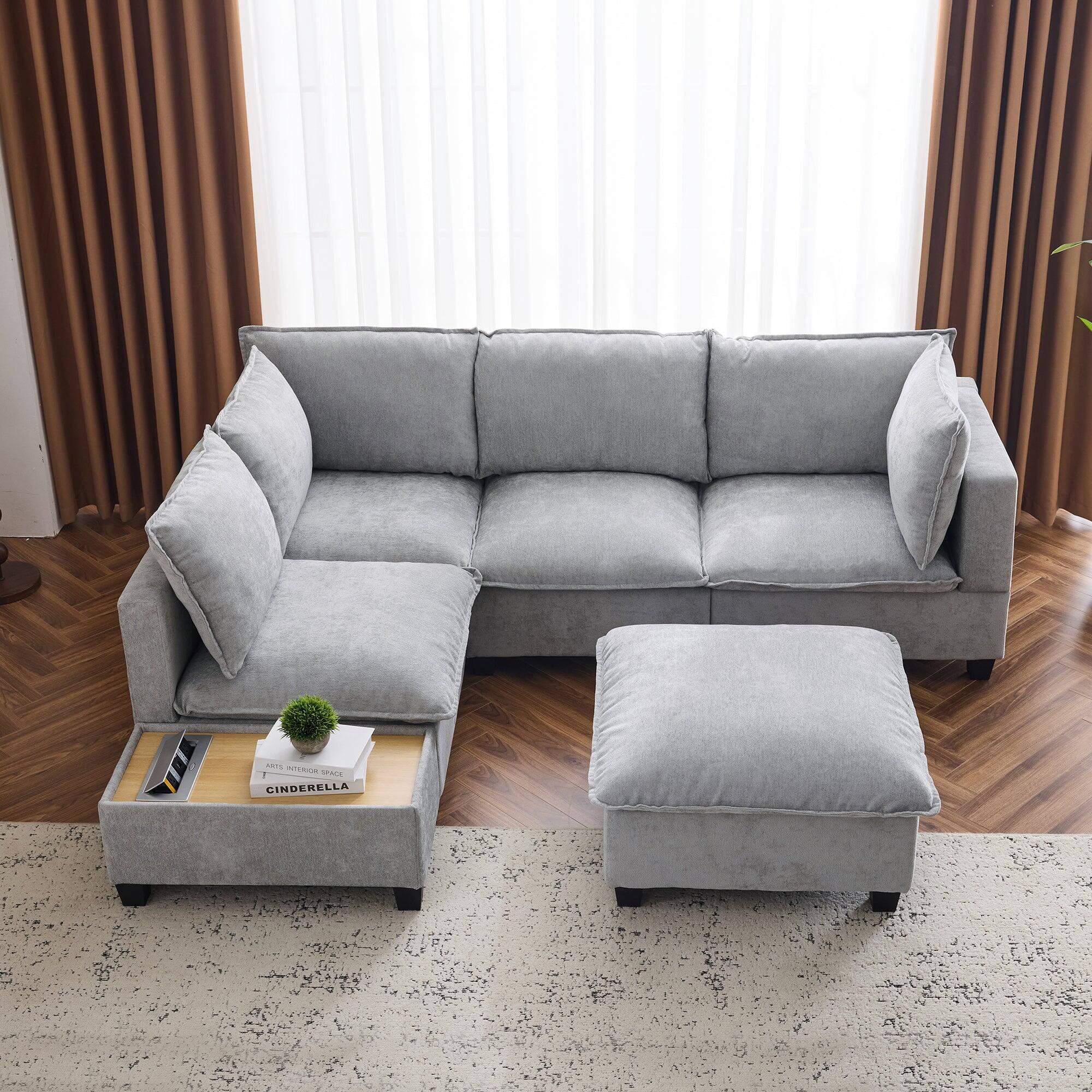 Alt View 3. Boyel Living - 90 inch U-shaped Sectional Sofa Modular Sofa with Movable Ottoman and Coffee Table with Hidden Charging Devices in Gray - Gray.
