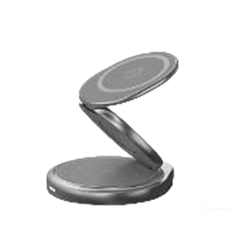 Angle. RISOKEYS - 3-in-1 Magnetic Charging Dock - Power Adapter, Wireless Charger Stand for Phone, Apple Watch & AirPods - Silver.