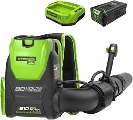 Greenworks - 80V (180 MPH / 610 CFM) Cordless Brushless Backpack Blower, 5.0Ah Battery and Rapid Charger Included - Green
