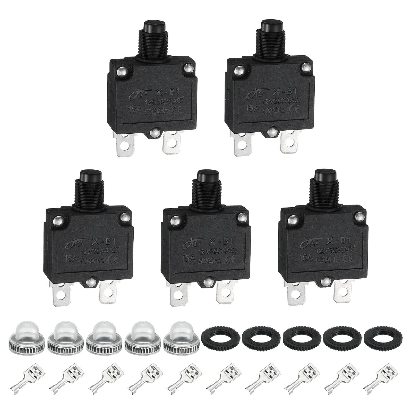 Unique Bargains - 5pcs 15A Thermal Circuit Breaker, 125/250V AC,32V DC, Manual Reset Push Button, Waterproof Caps, Quick Connect X-B1 - Black price history on PriceWatchPro
