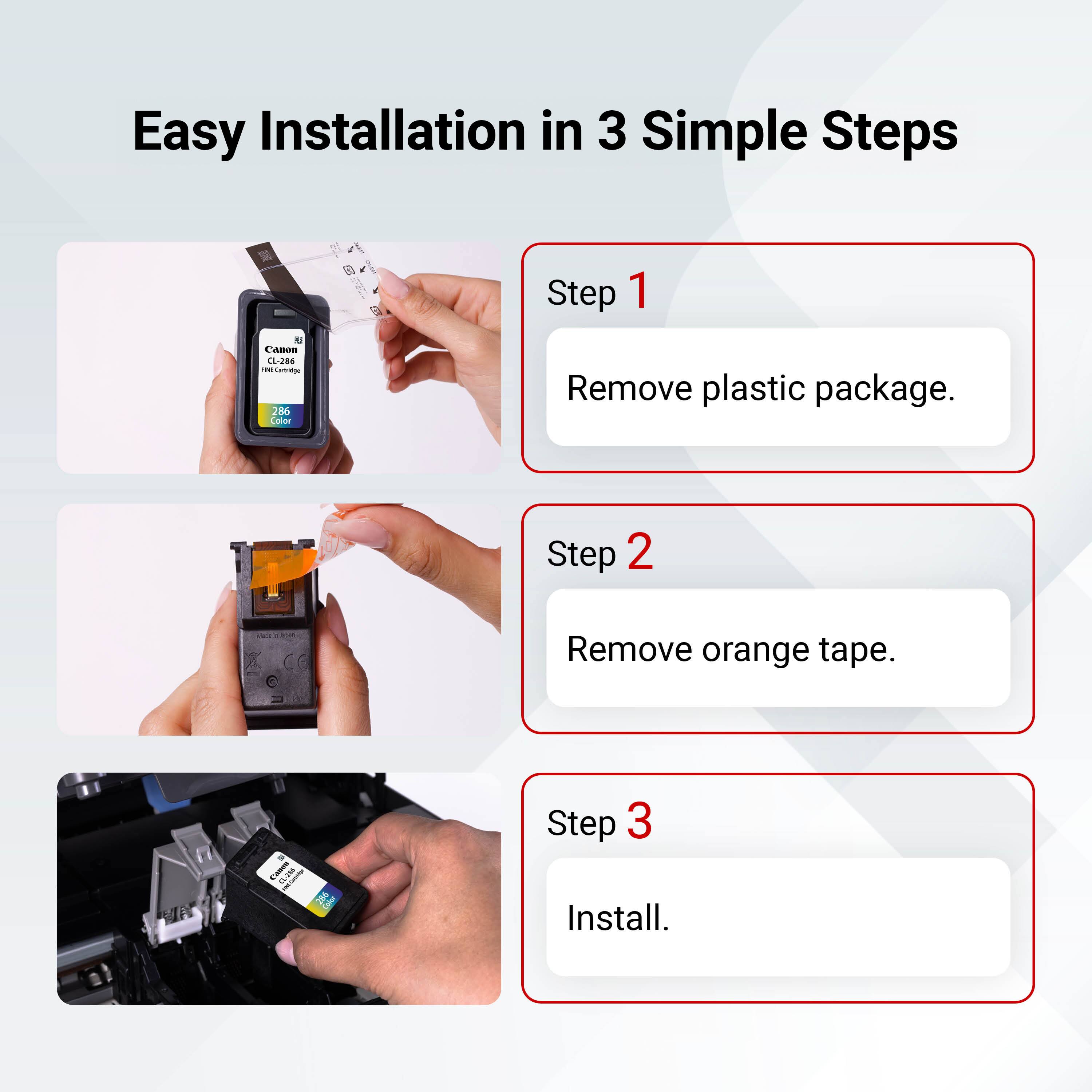 Easy Installation in 3 Simple Steps:

Step 1: Remove plastic package.
Step 2: Remove orange tape.
Step 3: Install.