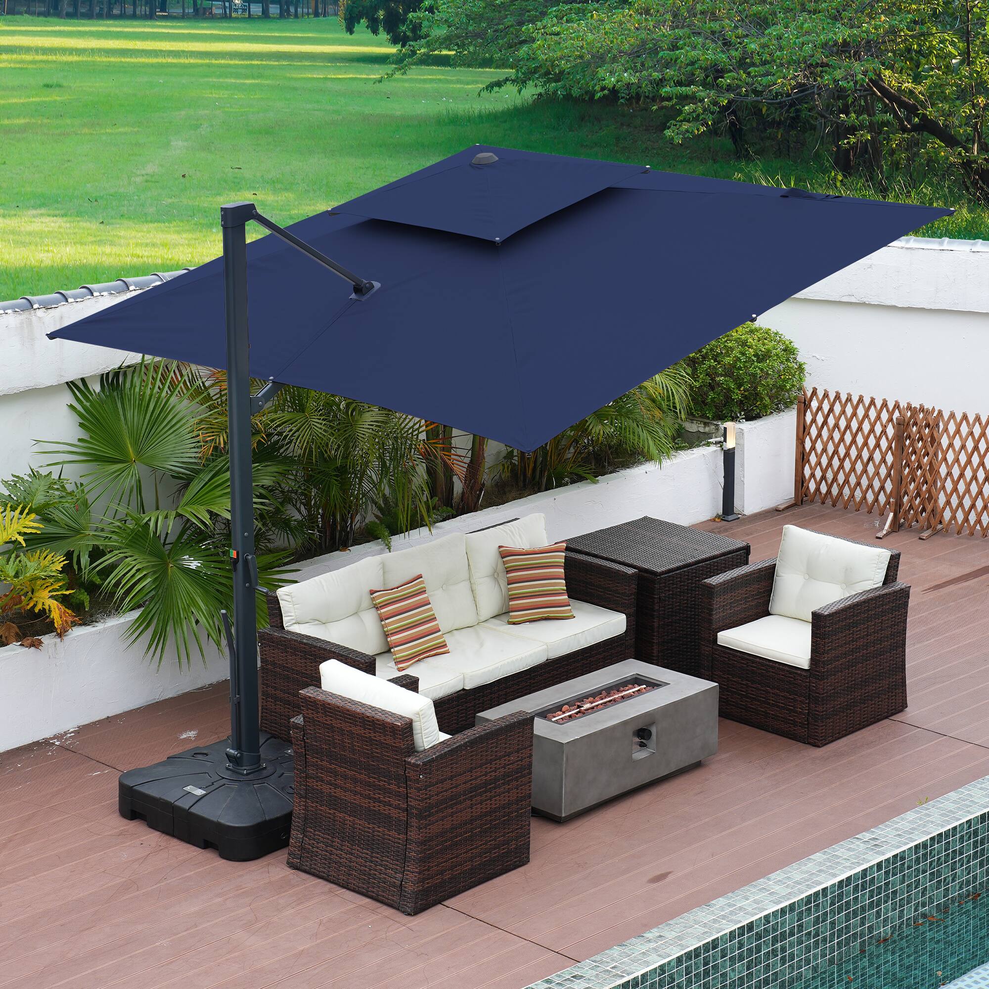 Left. Mondawe - 10*10ft Patio Cantilever Umbrella Double Top Offset Umbrella with Base - Navy Blue.