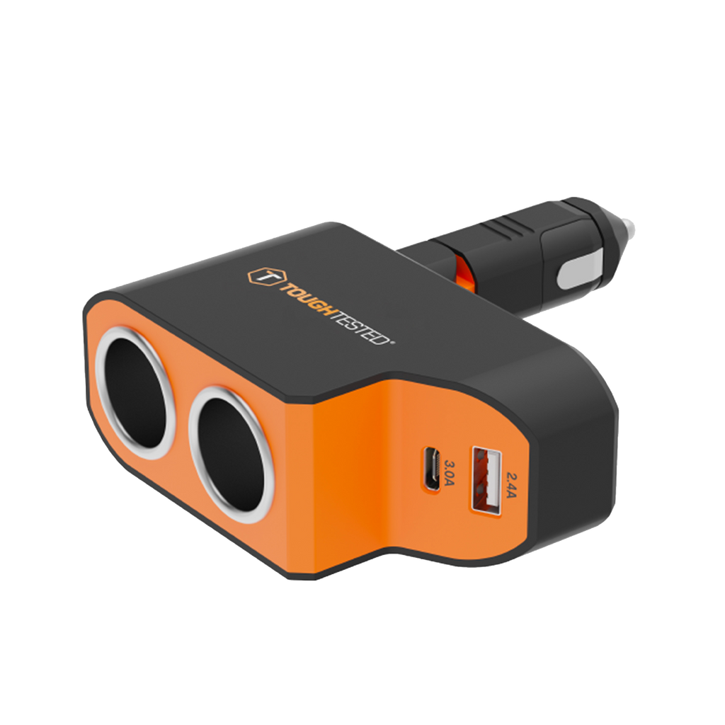 ToughTested - 37W 4-Port Car Charger Splitter, Dual 12V Socket with USB-C PD & USB-A Fast Charging