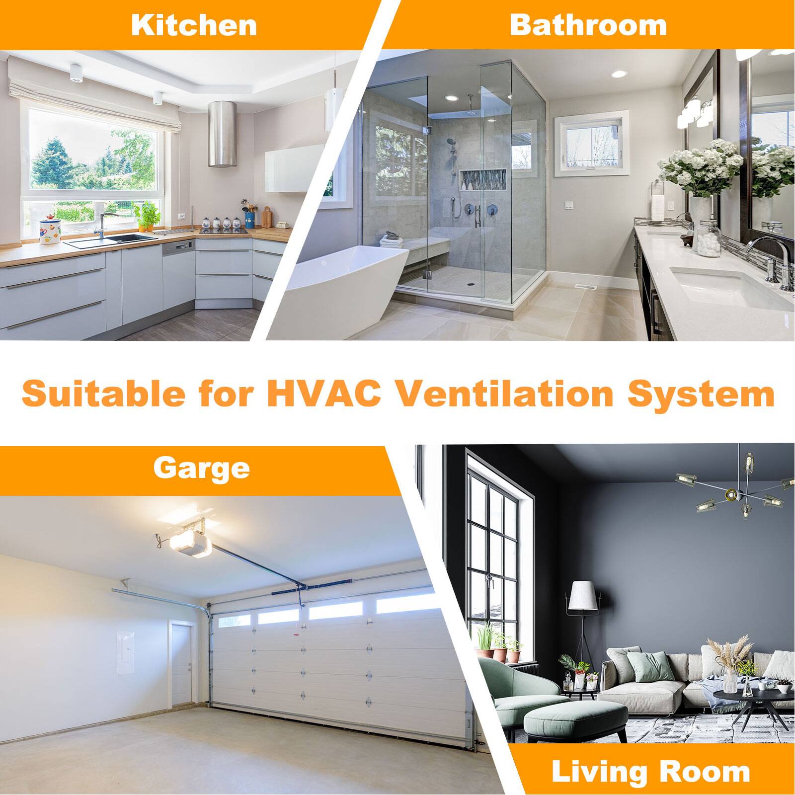 Kitchen  
Bathroom  
Suitable for HVAC Ventilation System  
Garage  
Living Room