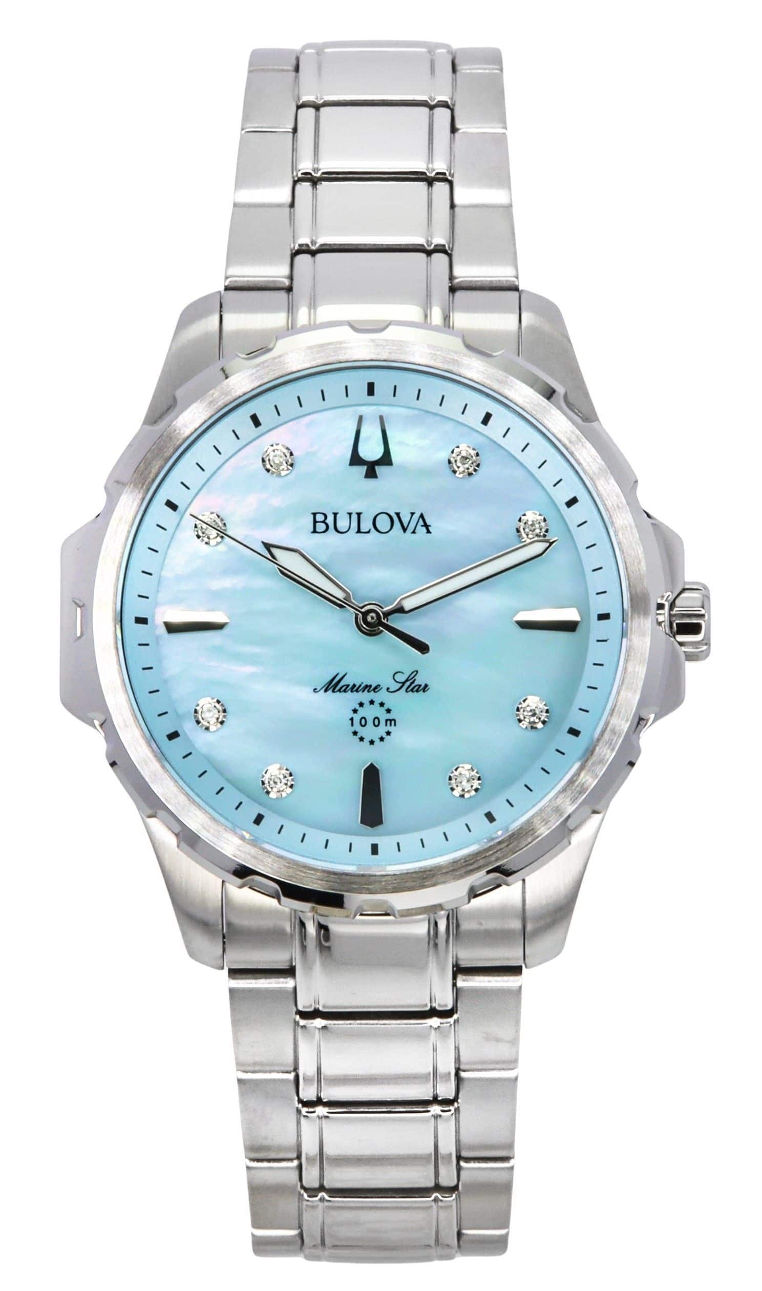Bulova - Marine Star Diamond Accents Stainless Steel Dial Quartz 96P248 100 Women's Watch - Blue Mother Of Pearl