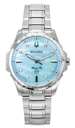 Bulova - Marine Star Diamond Accents Stainless Steel Dial Quartz 96P248 100 Women's Watch - Blue Mother Of Pearl