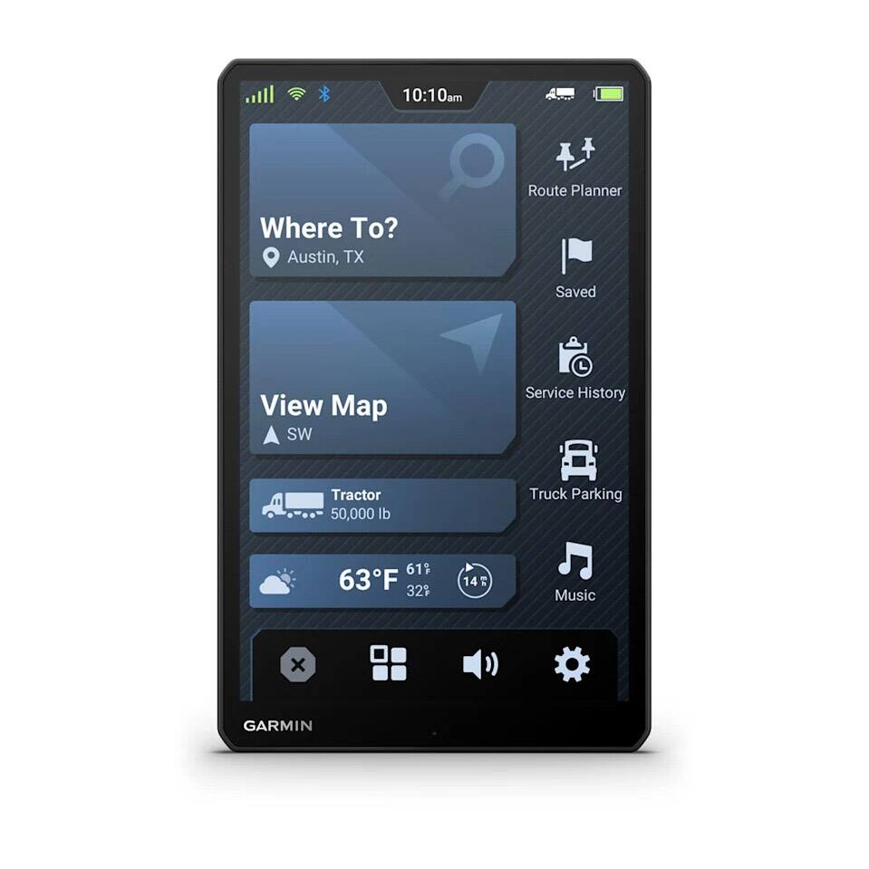 10:10 AM  
Route Planner  
Where To?  
Austin, TX  

Saved  
Service History  
Truck Parking  
Music  

View Map  
SW  
Tractor 50,000 lb  

63°F 61% 32%  
14 Music  

GARMIN