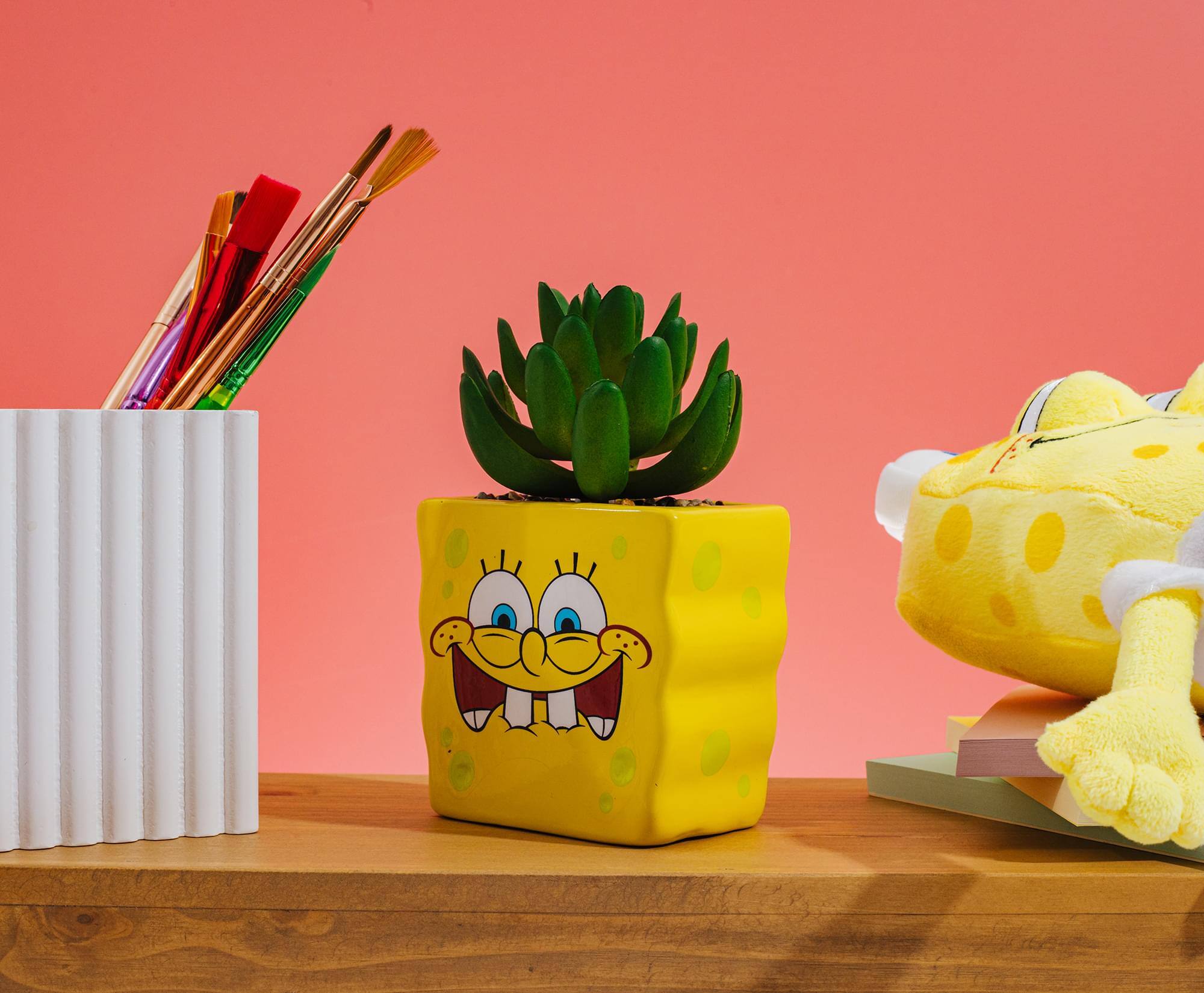 Alt View 3. Silver Buffalo - Nickelodeon SpongeBob SquarePants Face Mini Planter With Artificial Succulent - Yellow.
