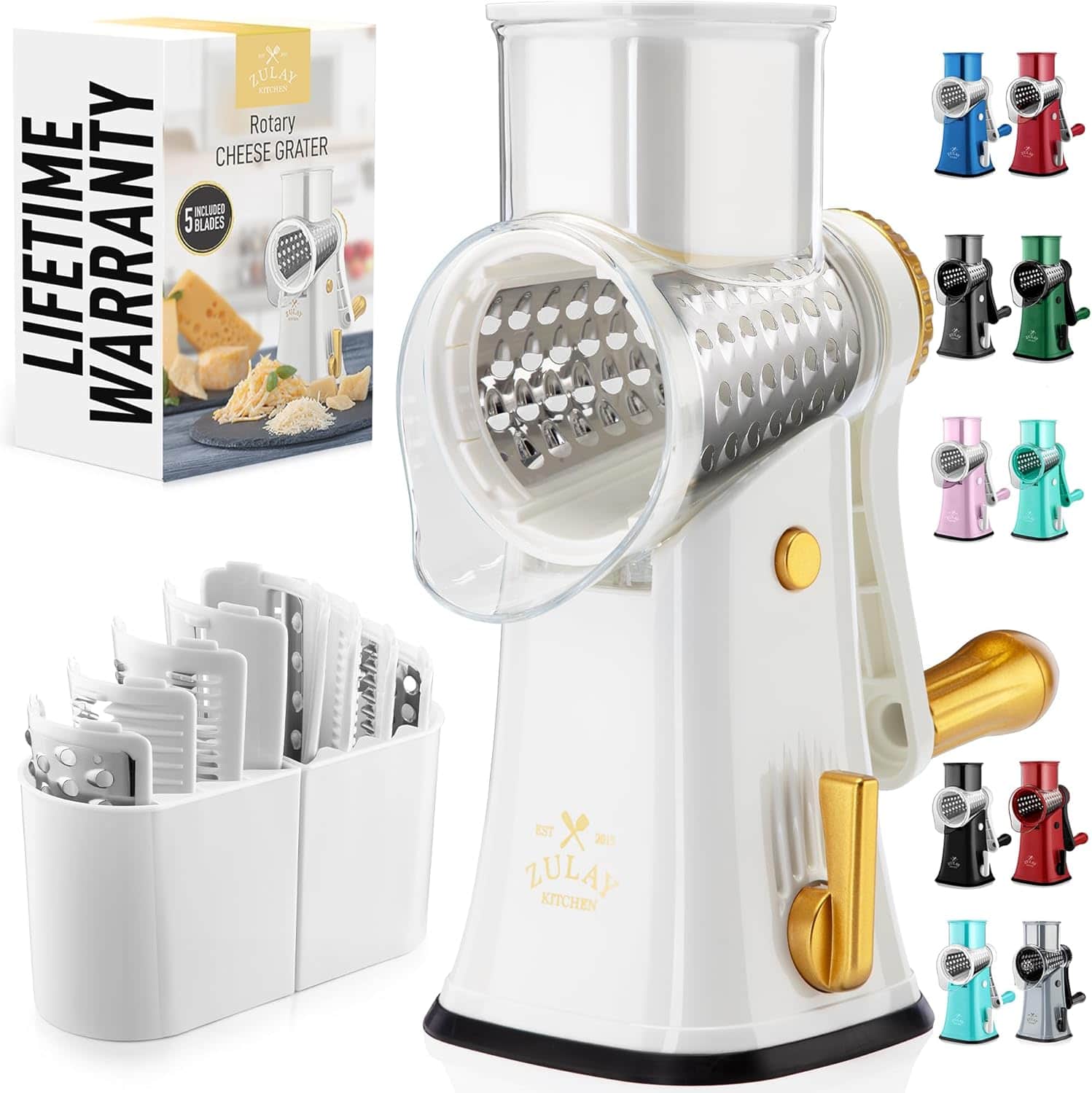 LIFETIME WARRANTY  
ZULAY KITCHEN  
Rotary Cheese Grater  
5 Blades  
INCLUDED  
2015