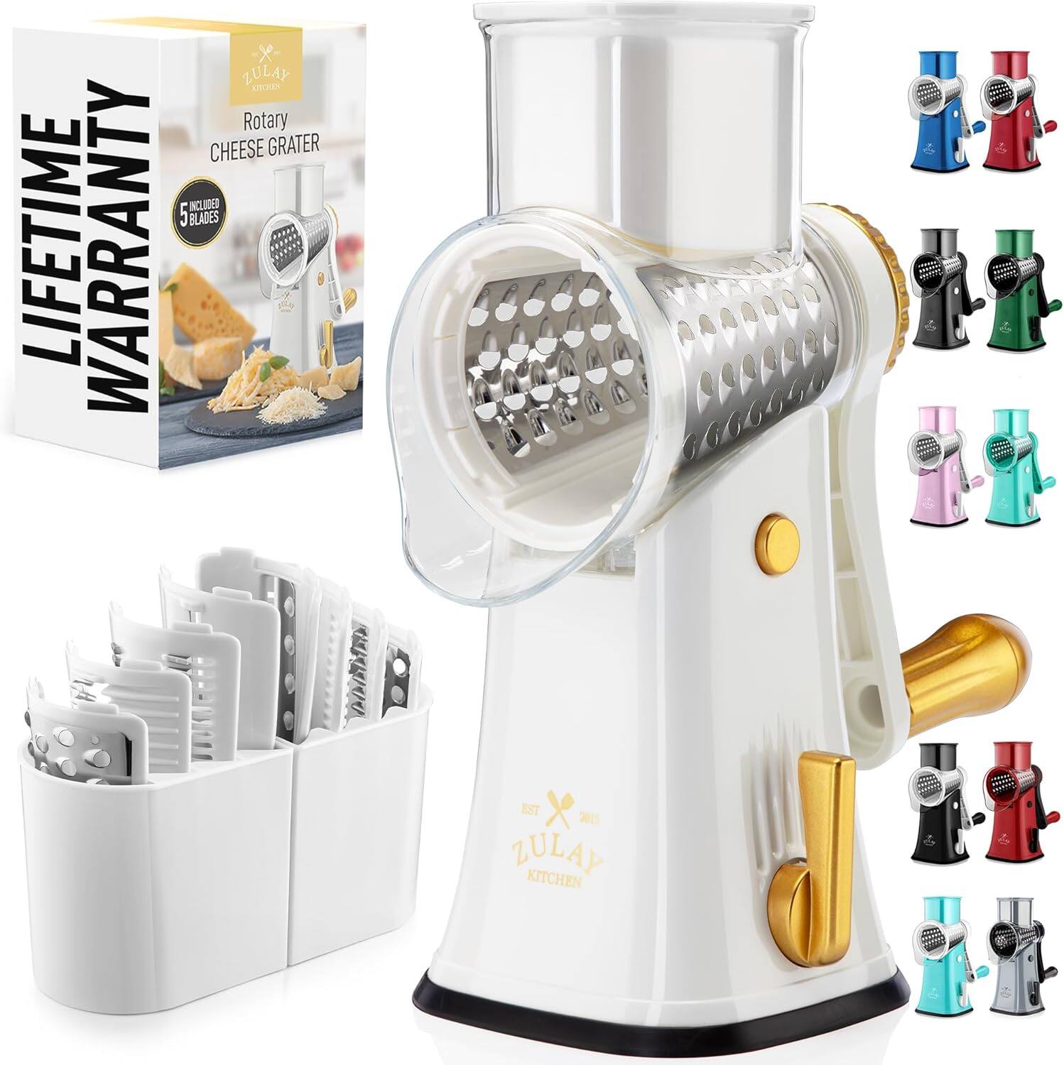 LIFETIME WARRANTY  
ZULAY KITCHEN  
Rotary Cheese Grater  
5 Blades  
INCLUDED  
2015