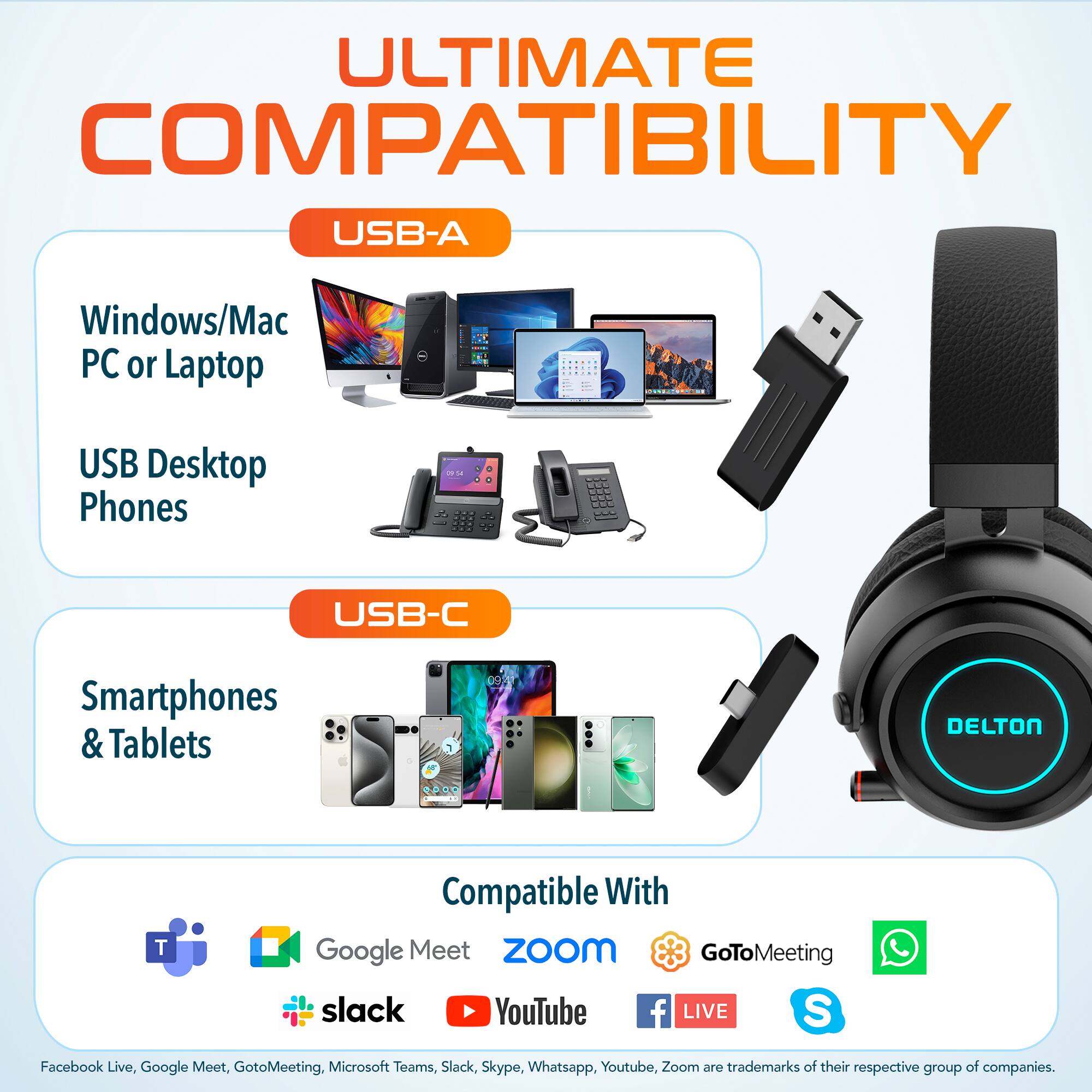 ULTIMATE COMPATIBILITY

USB-A
Windows/Mac PC or Laptop
USB Desktop Phones

USB-C
Smartphones & Tablets

Compatible With
Google Meet
ZOOm
GoToMeeting
slack
YouTube
f LIVE
S
Facebook Live, Google Meet, GotoMeeting. Microsoft Teams, Slack, Skype, Whatsapp, Youtube, Zoom

370 trademarks of their respective group of companies.