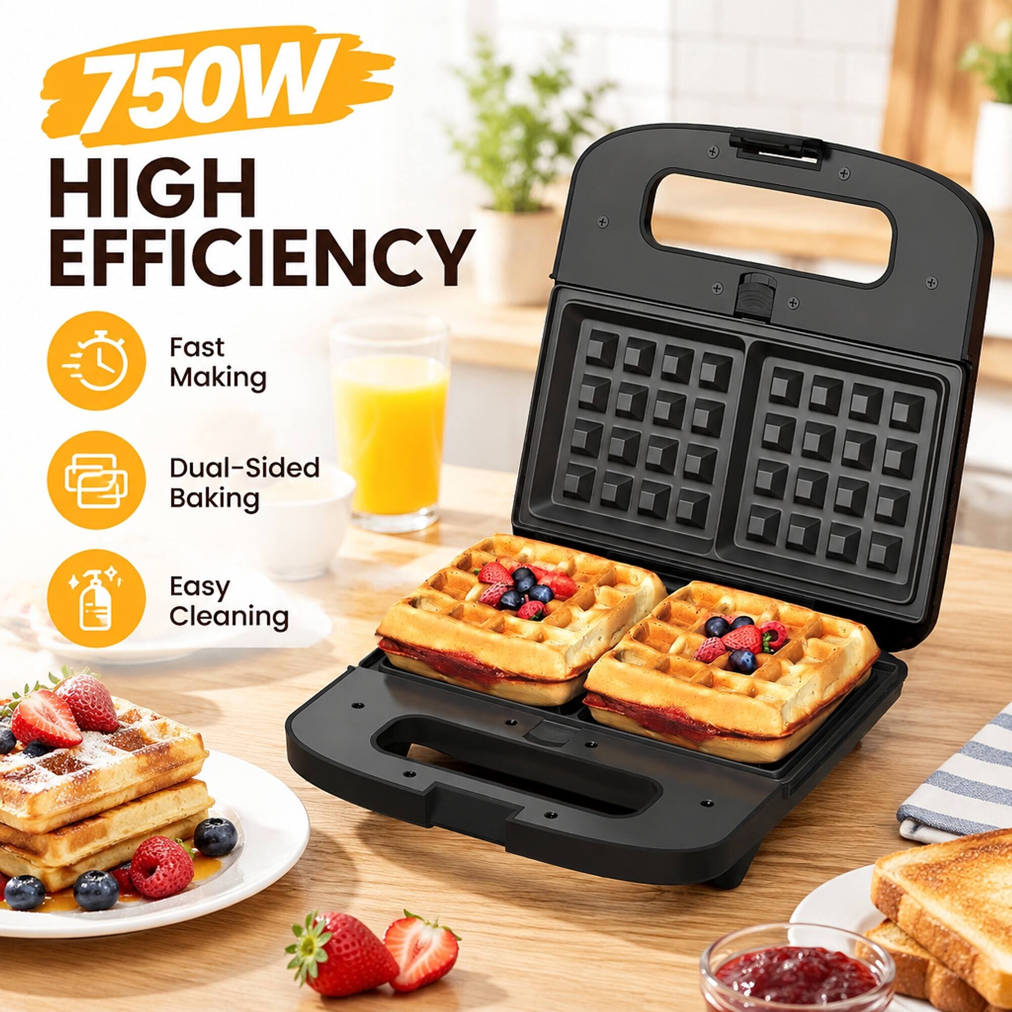 750W HIGH EFFICIENCY

- Fast Making
- Dual-Sided Baking
- Easy Cleaning
