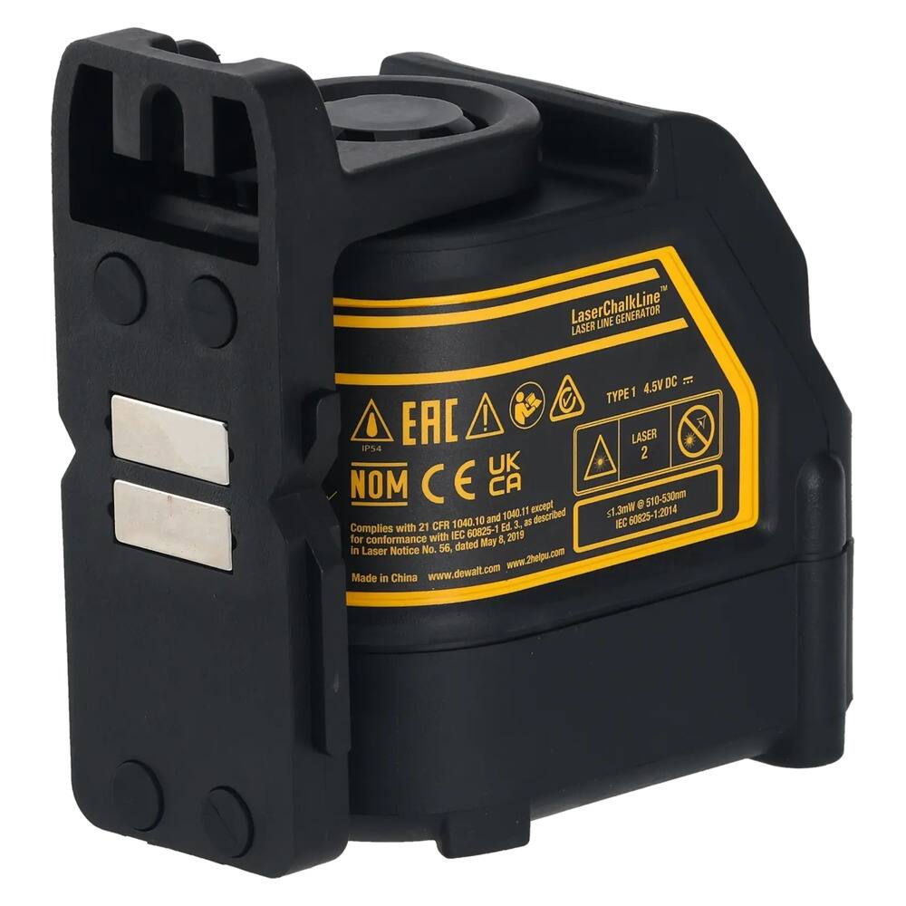 LaserChalkLine LASER LINE GENERATOR 4.5V DC TYPE 1 EAC! LASER IP54 2 UK CE CA 9 510-530mm 1040.11 except described s1.3mW 1:2014 Complies with 21 CFR 1040.1 10 and Ed. 3. as IEC 60825-1 8 2019 56, dated May in Laser Notice No. www.dewalt.com www.2helpu.com Made in China