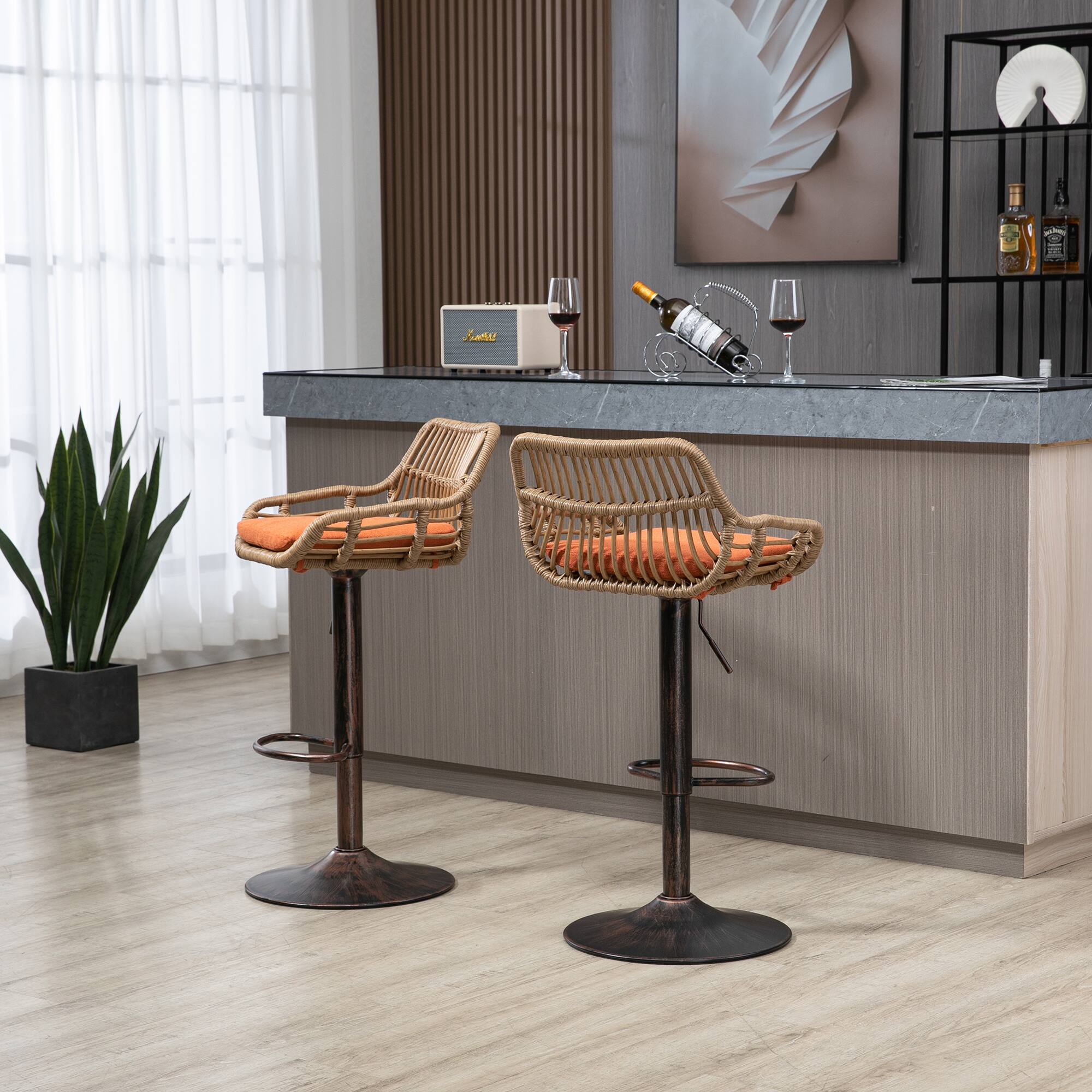 Back. Trinkets Crazed - Rattan Bar Stools Set of 2, Adjustable Barstools with Linen Cushion, 360° Swivel Bar Stool for Kitchen and Bar - Orange.