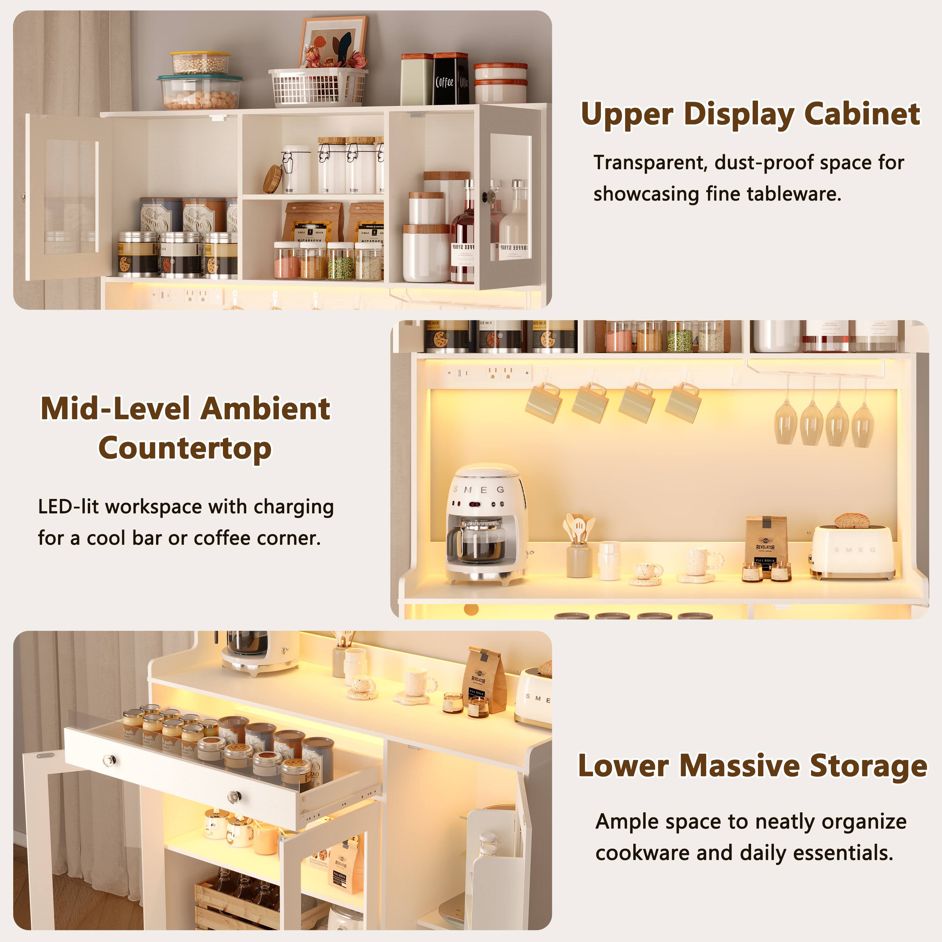 Upper Display Cabinet: Transparent, dust-proof space for showcasing fine tableware.  
Mid-Level Ambient Countertop: LED-lit workspace with charging for a cool bar or coffee corner.  
Lower Massive Storage: Ample space to neatly organize cookware and daily essentials.