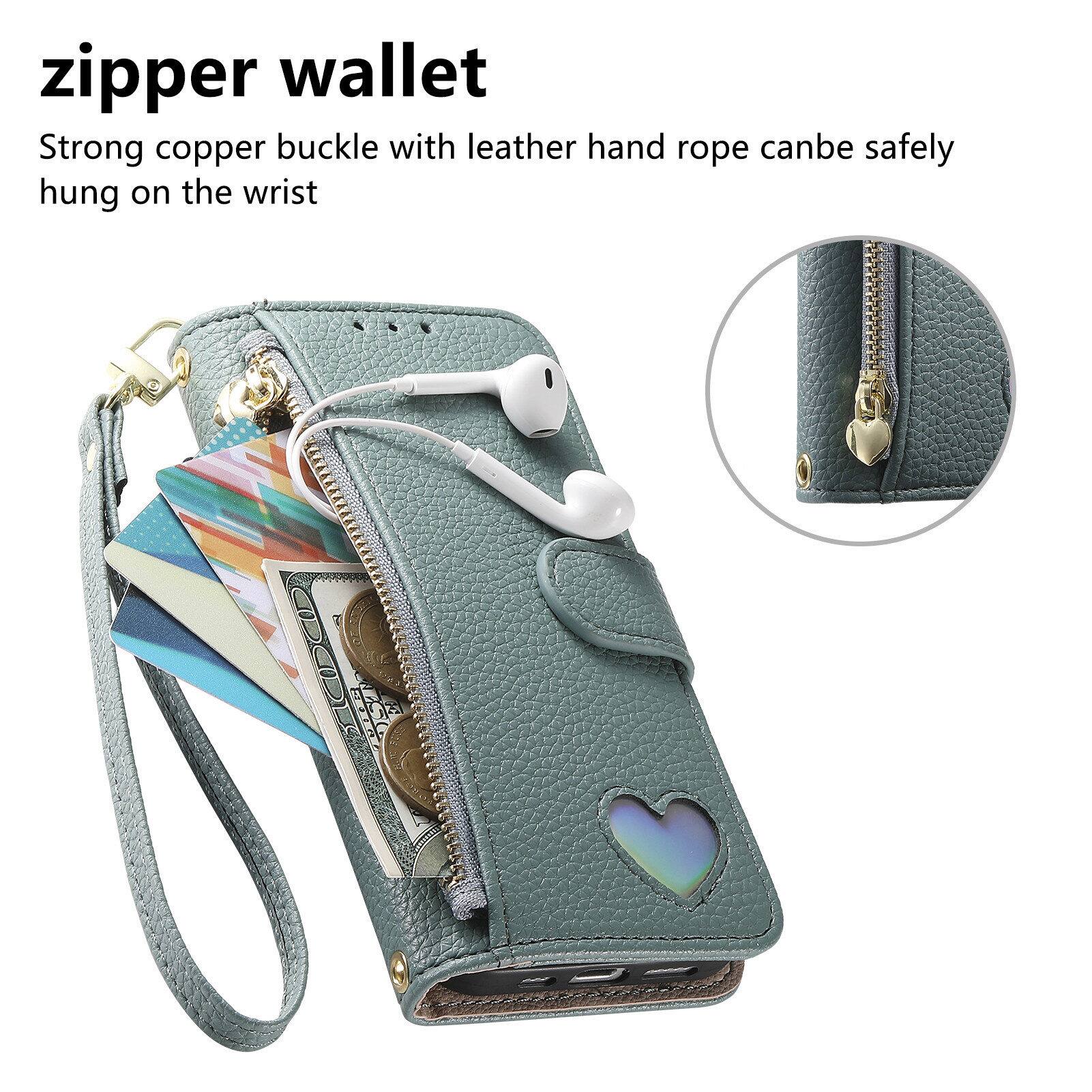 zipper wallet  
Strong copper buckle with leather hand rope can be safely hung on the wrist