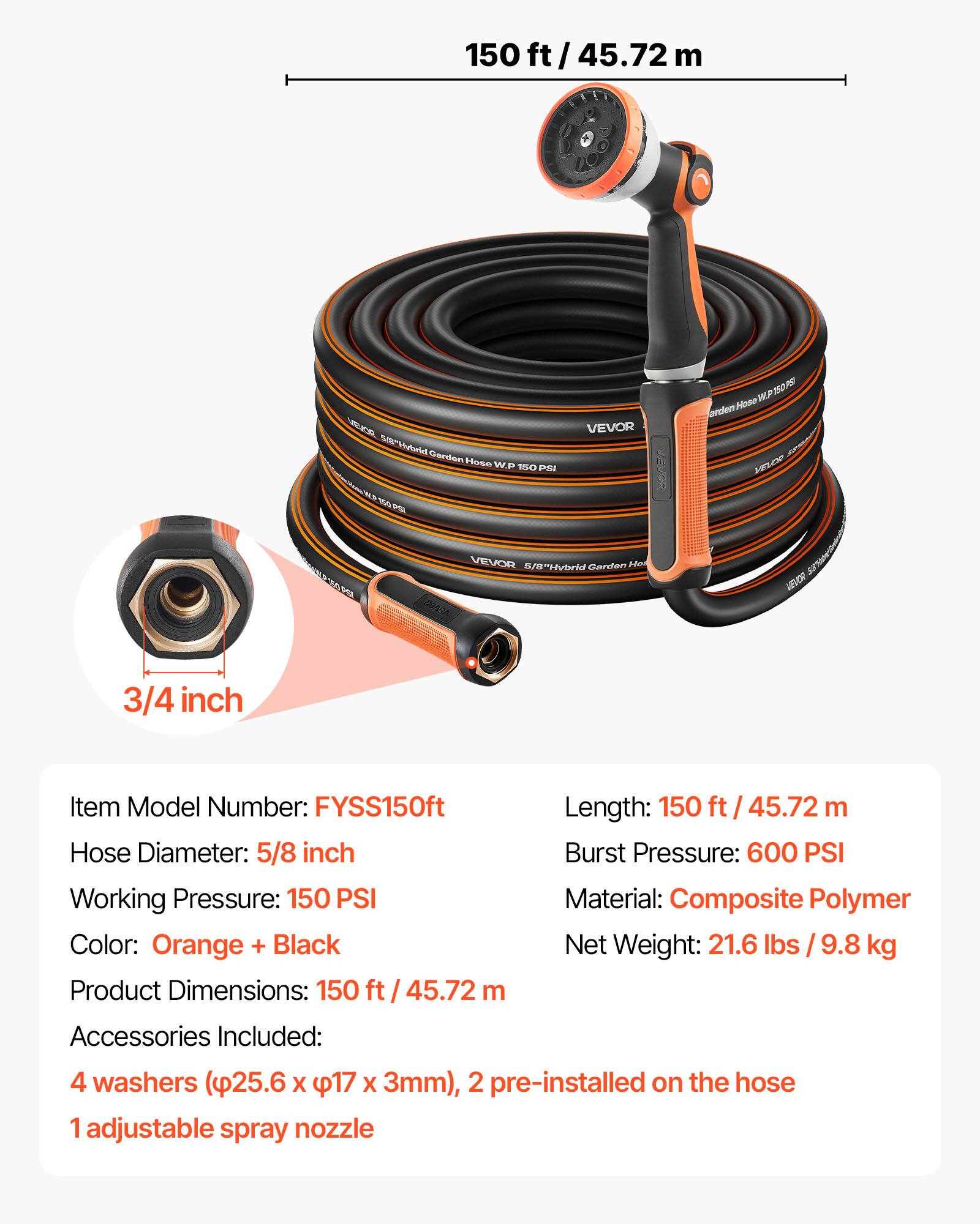 VEVOR - Garden Hose, 150 ft 5/8" Heavy Duty Rubber Water Hose with 10 Mode Nozzle, 150PSI Working & 600PSI Burst - Orange + Black - Thumbnail 2