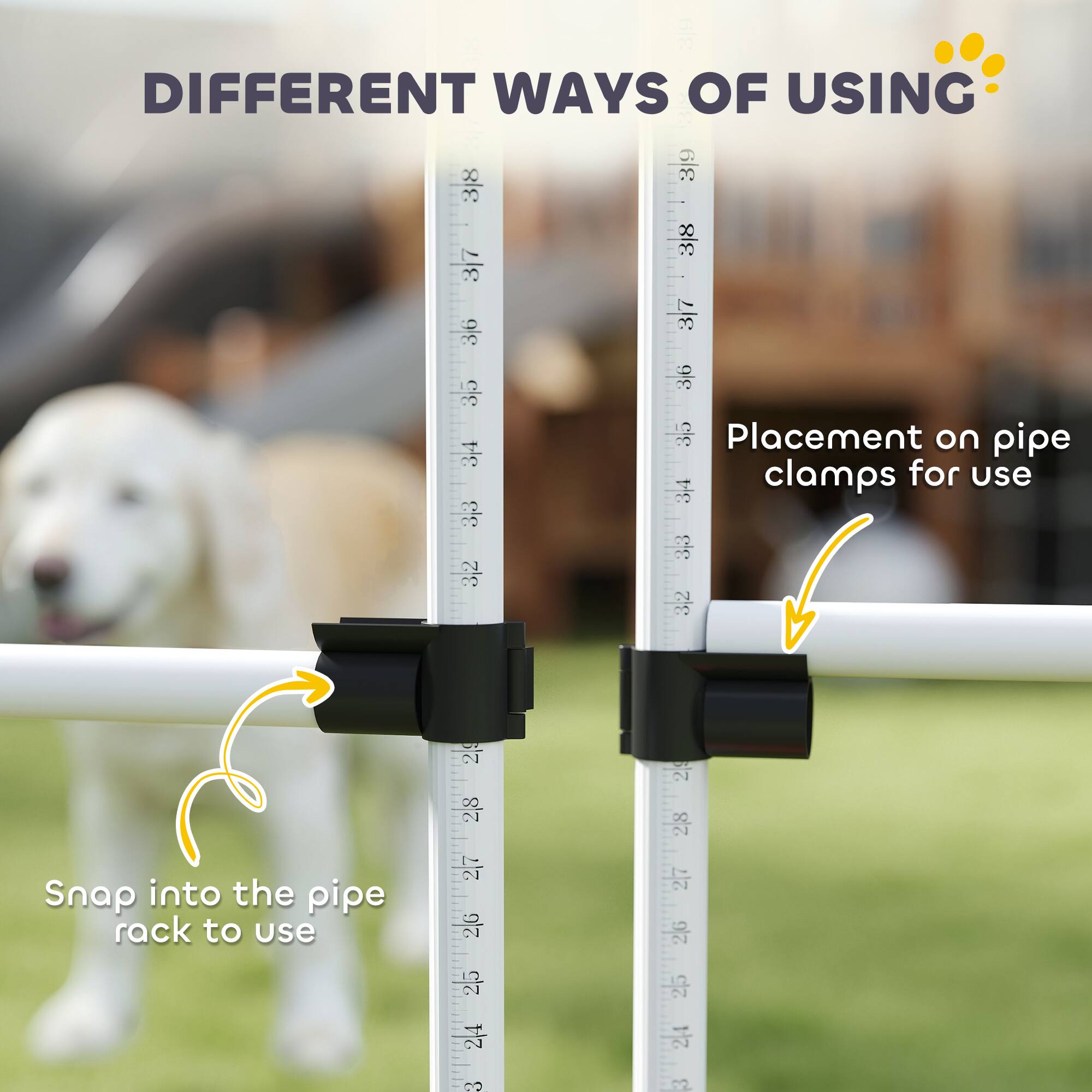 DIFFERENT WAYS OF USING

Placement on pipe clamps for use

Snap into the pipe rack to use