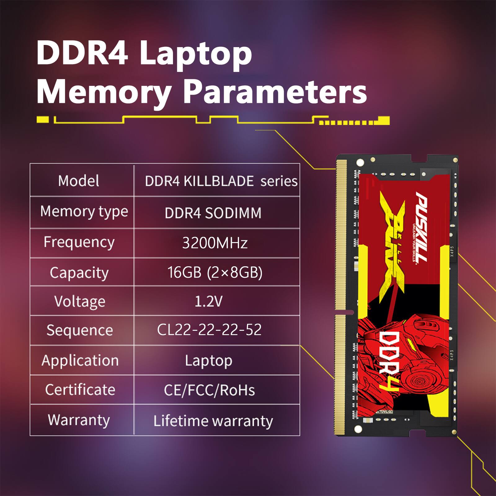 DDR4 Laptop Memory Parameters  
Model: DDR4 KILLBLADE series  
Memory type: DDR4 SODIMM  
Frequency: 3200MHz  
Capacity: 16GB (2x8GB)  
Voltage: 1.2V  
Sequence: CL22-22-22-52  
Application: Laptop  
Certificate: CE/FCC/RoHs  
Warranty: Lifetime warranty