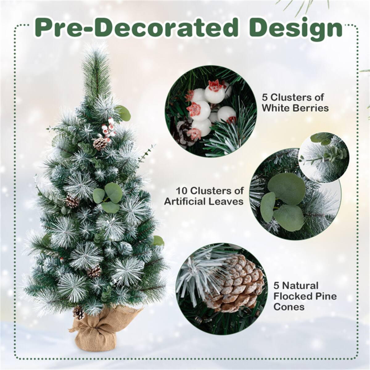 Pre-Decorated Design

- 5 Clusters of White Berries
- 10 Clusters of Artificial Leaves
- 5 Natural Flocked Pine Cones