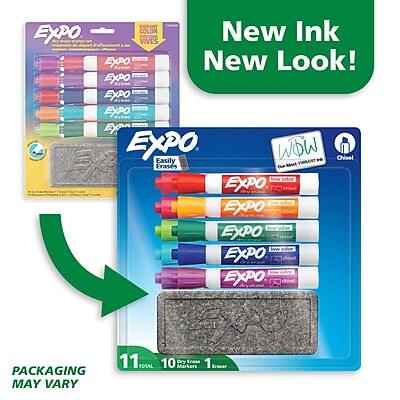 **Expo - New Ink, New Look!**

**Easily Erasable Chisel Tip Markers**

- **11 Total**
- **10 Markers**
- **1 Eraser**

**Packaging May Vary**

**Features:**
- **WOW!** Our Markers Erase!
- **Dry Erase**
- **Chisel Tip**

**Colors Included:**
- Pink
- Orange
- Yellow
- Green
- Blue
- Purple
- Red
- Black
- Brown
- White
- Grey

**Note:** Packaging may vary.